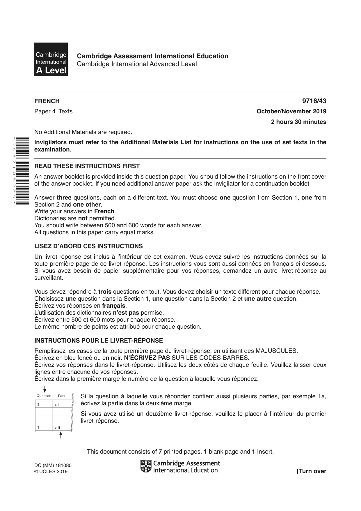 Cambridge A Level French (A Level only) 9716 2019 Oct/Nov Paper 4 · Variant 3 question paper, page 1 of 8