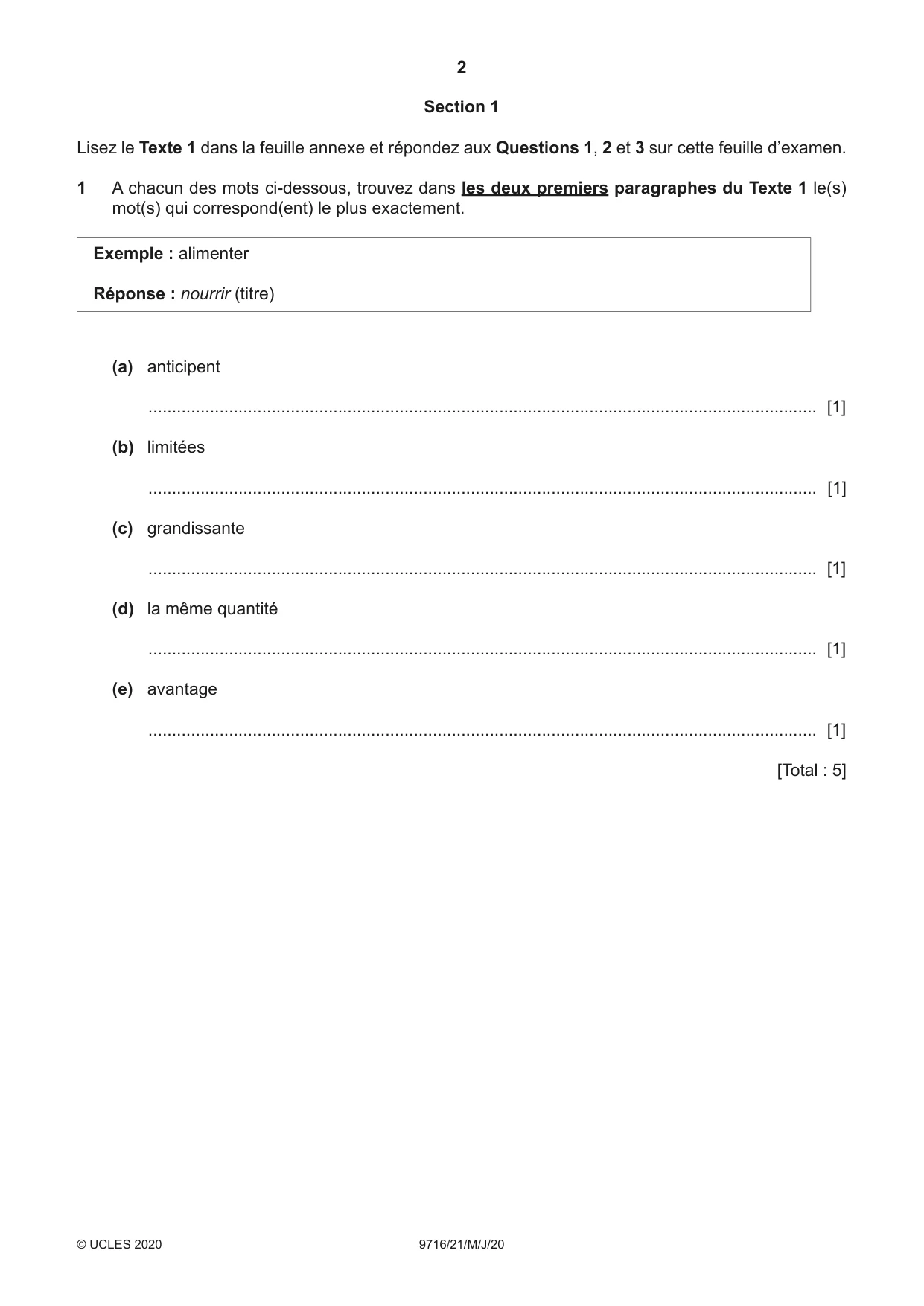 Cambridge A Level French (A Level only) 9716 2020 May/June Paper 2 · Variant 1 question paper, page 2 of 8