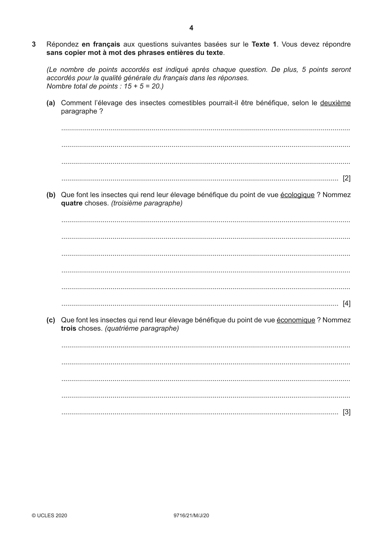 Cambridge A Level French (A Level only) 9716 2020 May/June Paper 2 · Variant 1 question paper, page 4 of 8