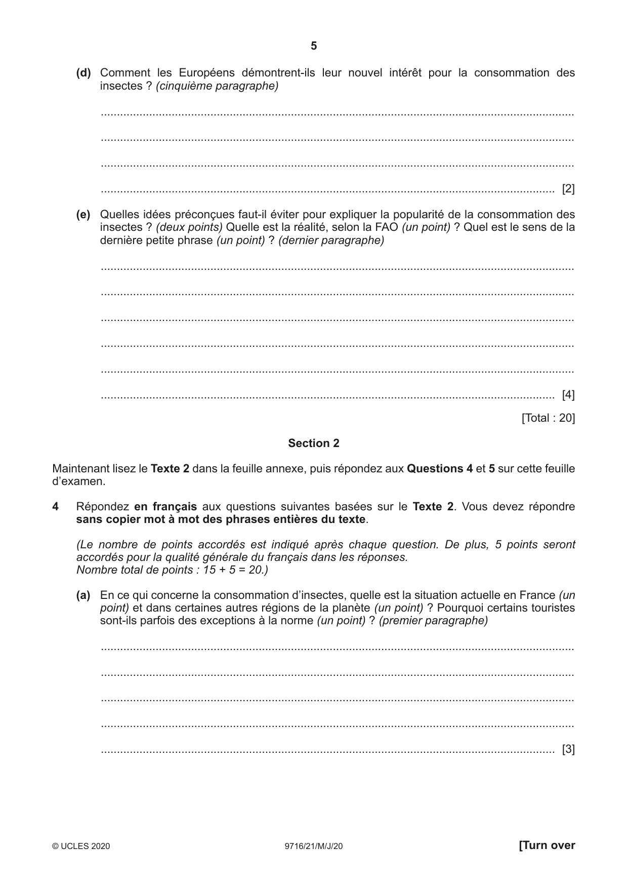 Cambridge A Level French (A Level only) 9716 2020 May/June Paper 2 · Variant 1 question paper, page 5 of 8