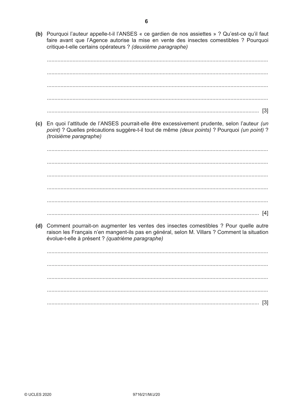 Cambridge A Level French (A Level only) 9716 2020 May/June Paper 2 · Variant 1 question paper, page 6 of 8