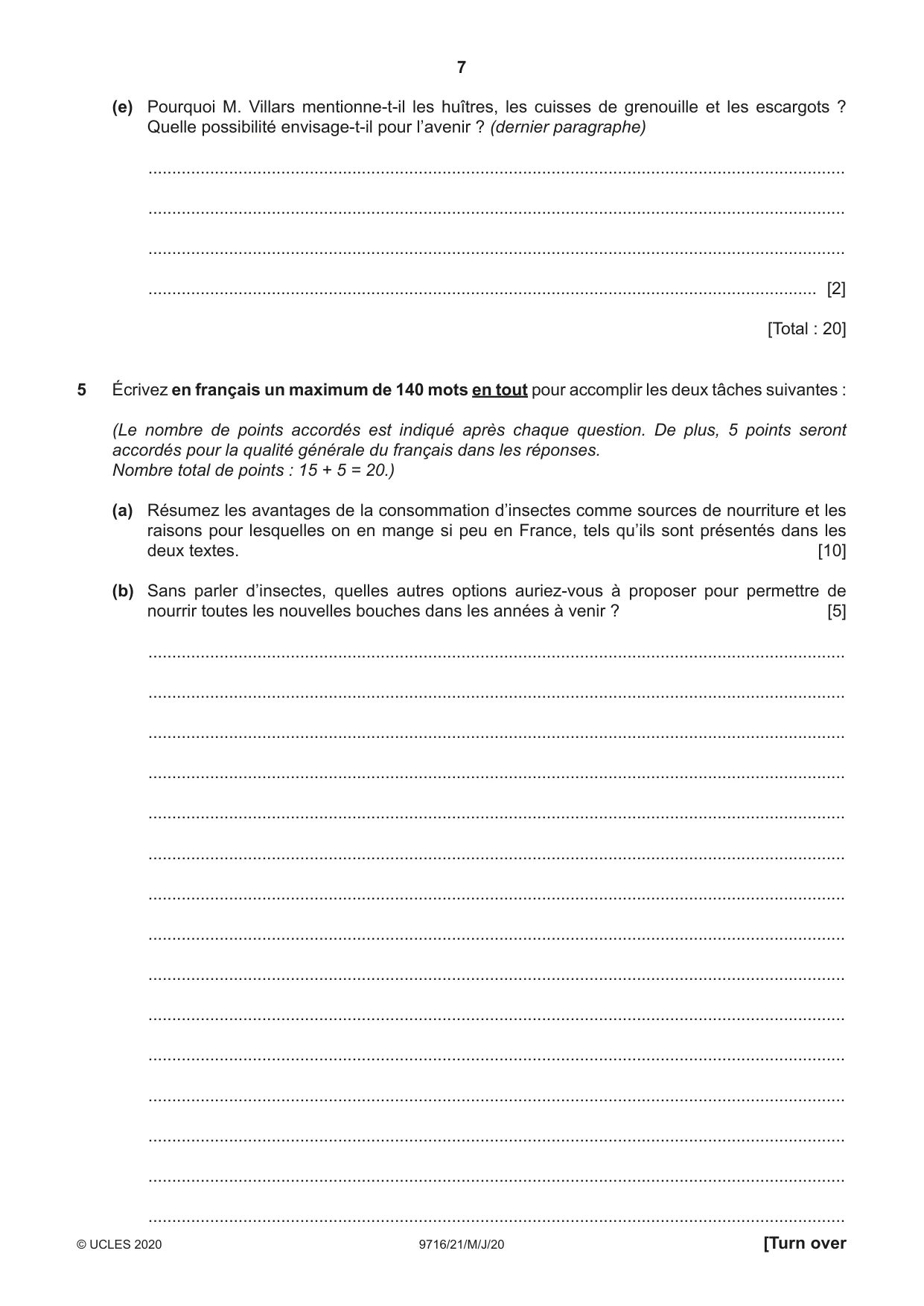 Cambridge A Level French (A Level only) 9716 2020 May/June Paper 2 · Variant 1 question paper, page 7 of 8