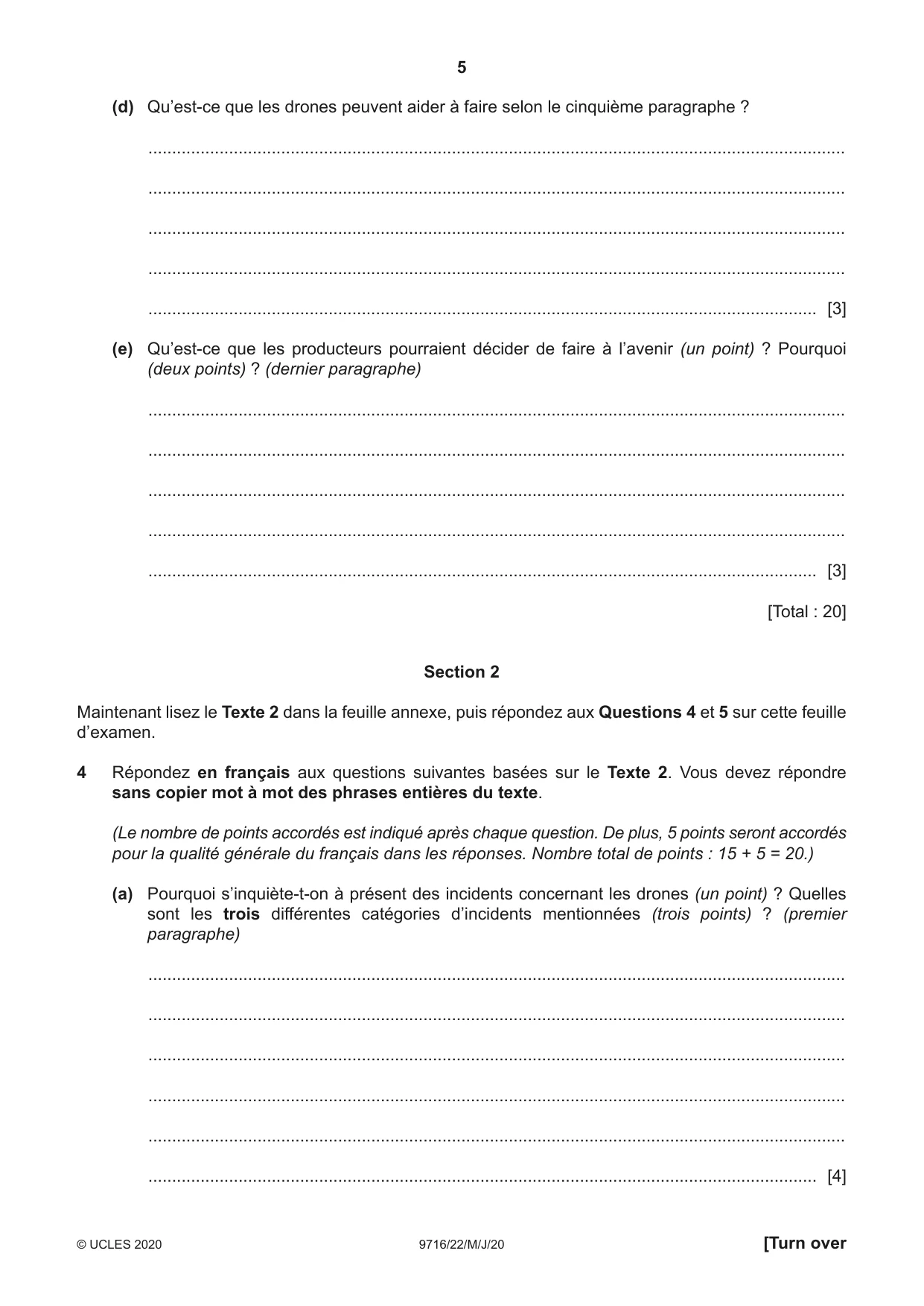 Cambridge A Level French (A Level only) 9716 2020 May/June Paper 2 · Variant 2 question paper, page 5 of 8