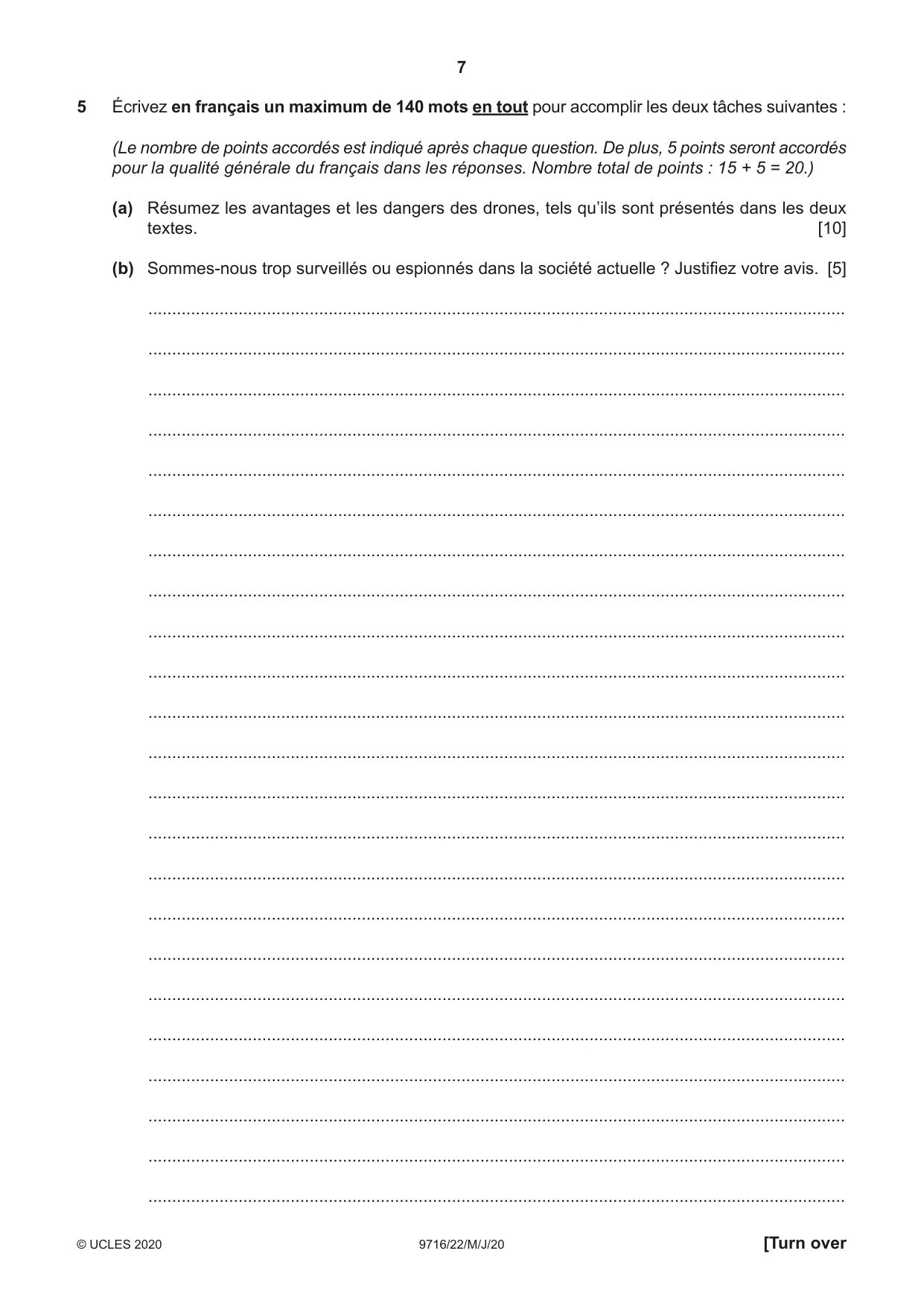 Cambridge A Level French (A Level only) 9716 2020 May/June Paper 2 · Variant 2 question paper, page 7 of 8