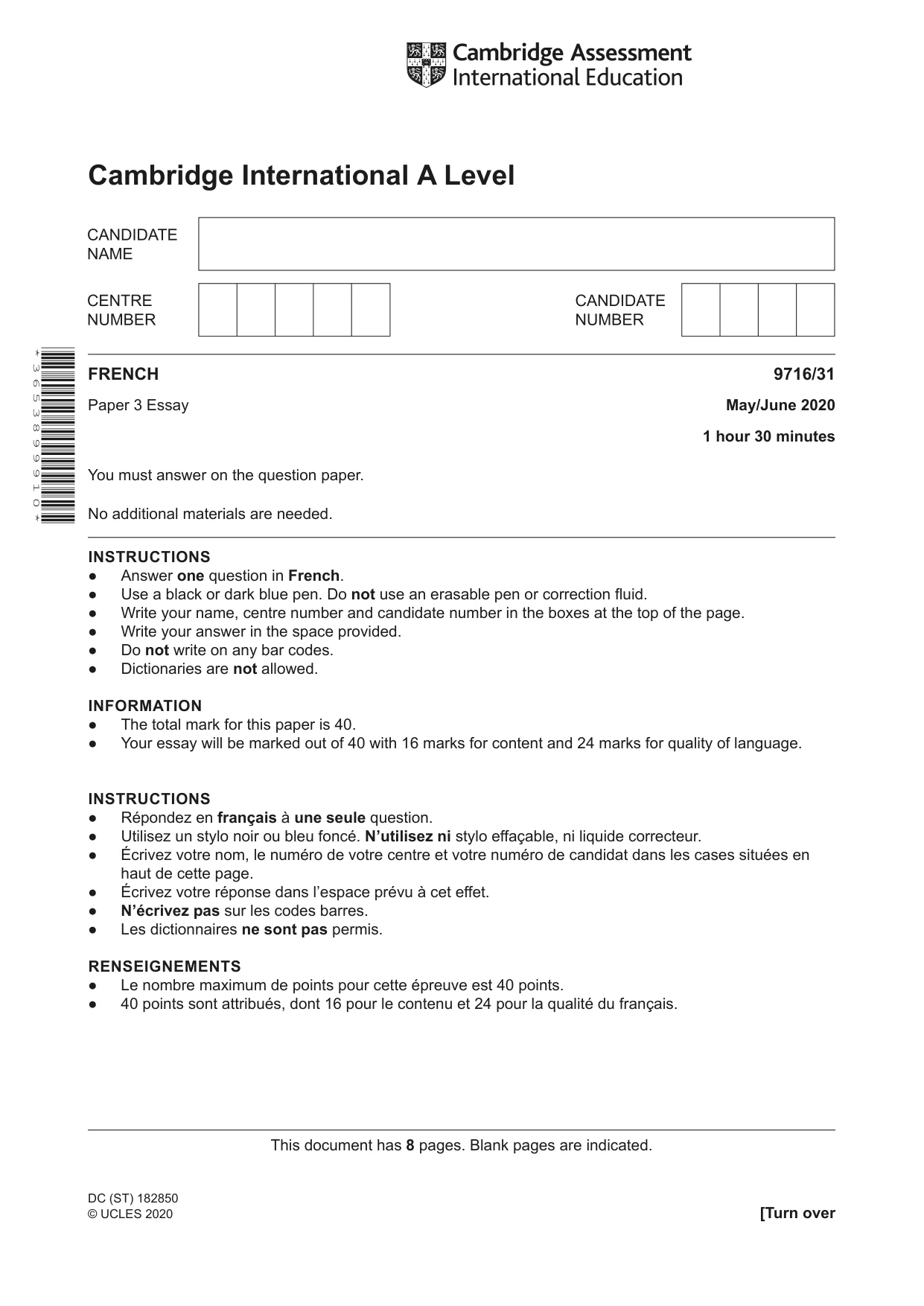Cambridge A Level French (A Level only) 9716 2020 May/June Paper 3 · Variant 1 question paper, page 1 of 8