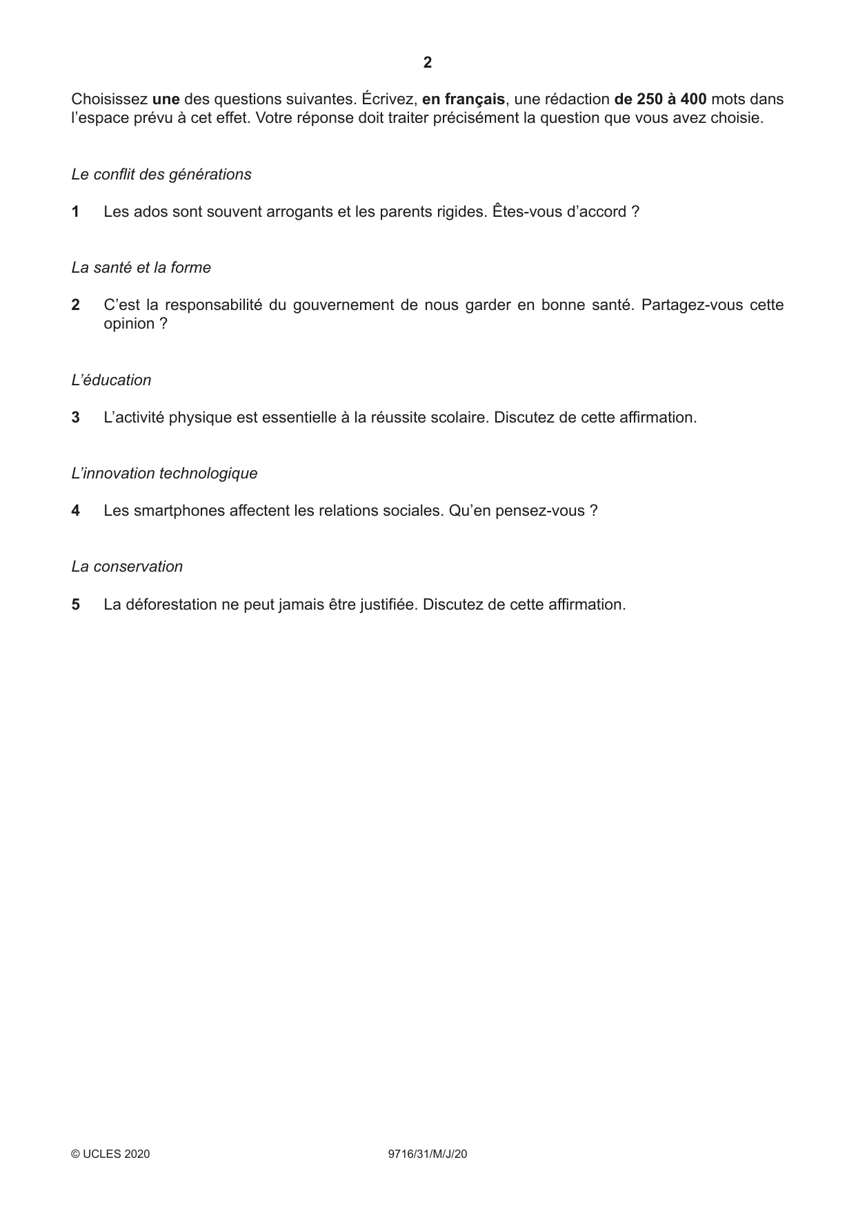 Cambridge A Level French (A Level only) 9716 2020 May/June Paper 3 · Variant 1 question paper, page 2 of 8