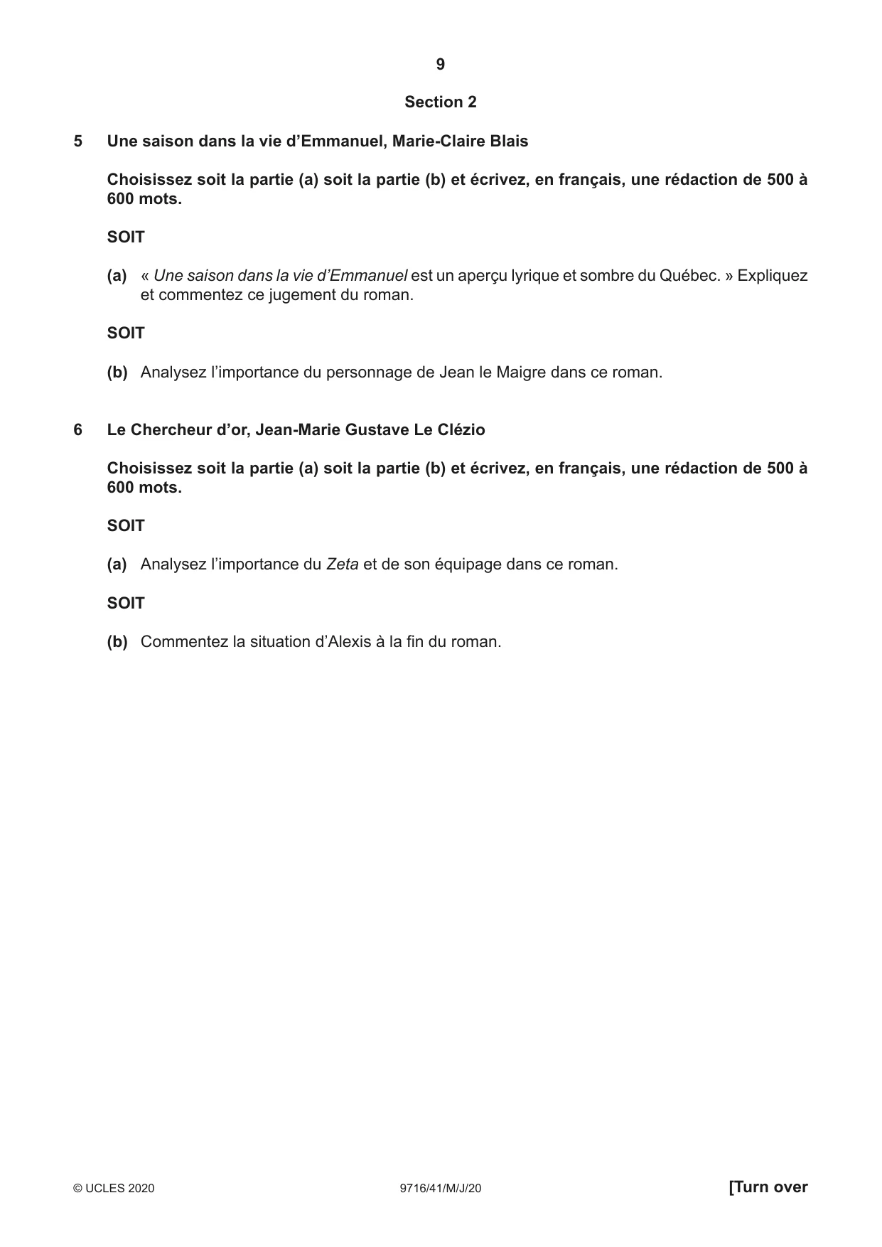 Cambridge A Level French (A Level only) 9716 2020 May/June Paper 4 · Variant 1 question paper, page 9 of 12