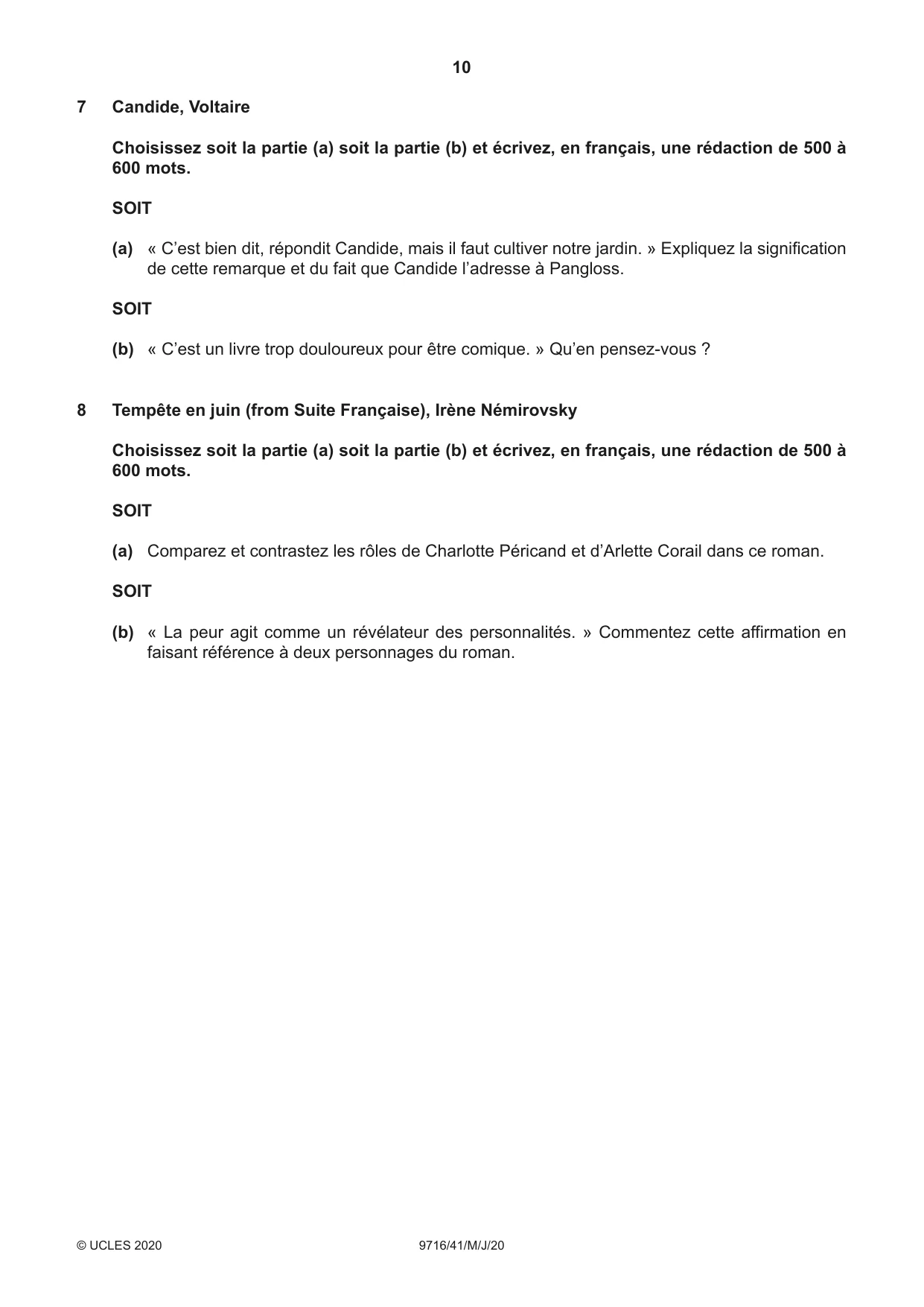 Cambridge A Level French (A Level only) 9716 2020 May/June Paper 4 · Variant 1 question paper, page 10 of 12