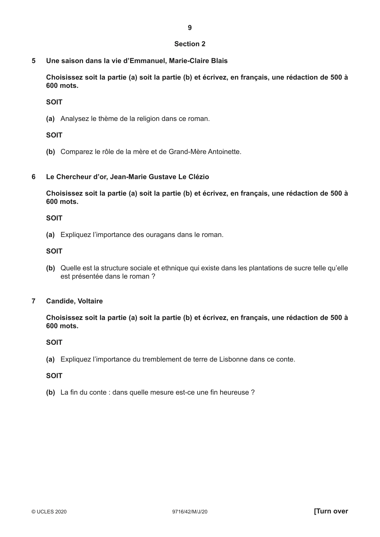 Cambridge A Level French (A Level only) 9716 2020 May/June Paper 4 · Variant 2 question paper, page 9 of 12