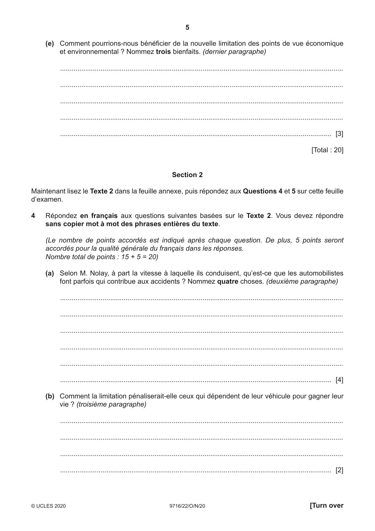 Cambridge A Level French (A Level only) 9716 2020 Oct/Nov Paper 2 · Variant 2 question paper, page 5 of 8