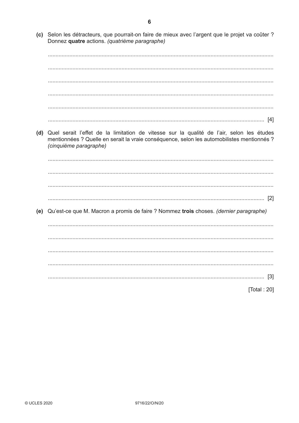 Cambridge A Level French (A Level only) 9716 2020 Oct/Nov Paper 2 · Variant 2 question paper, page 6 of 8