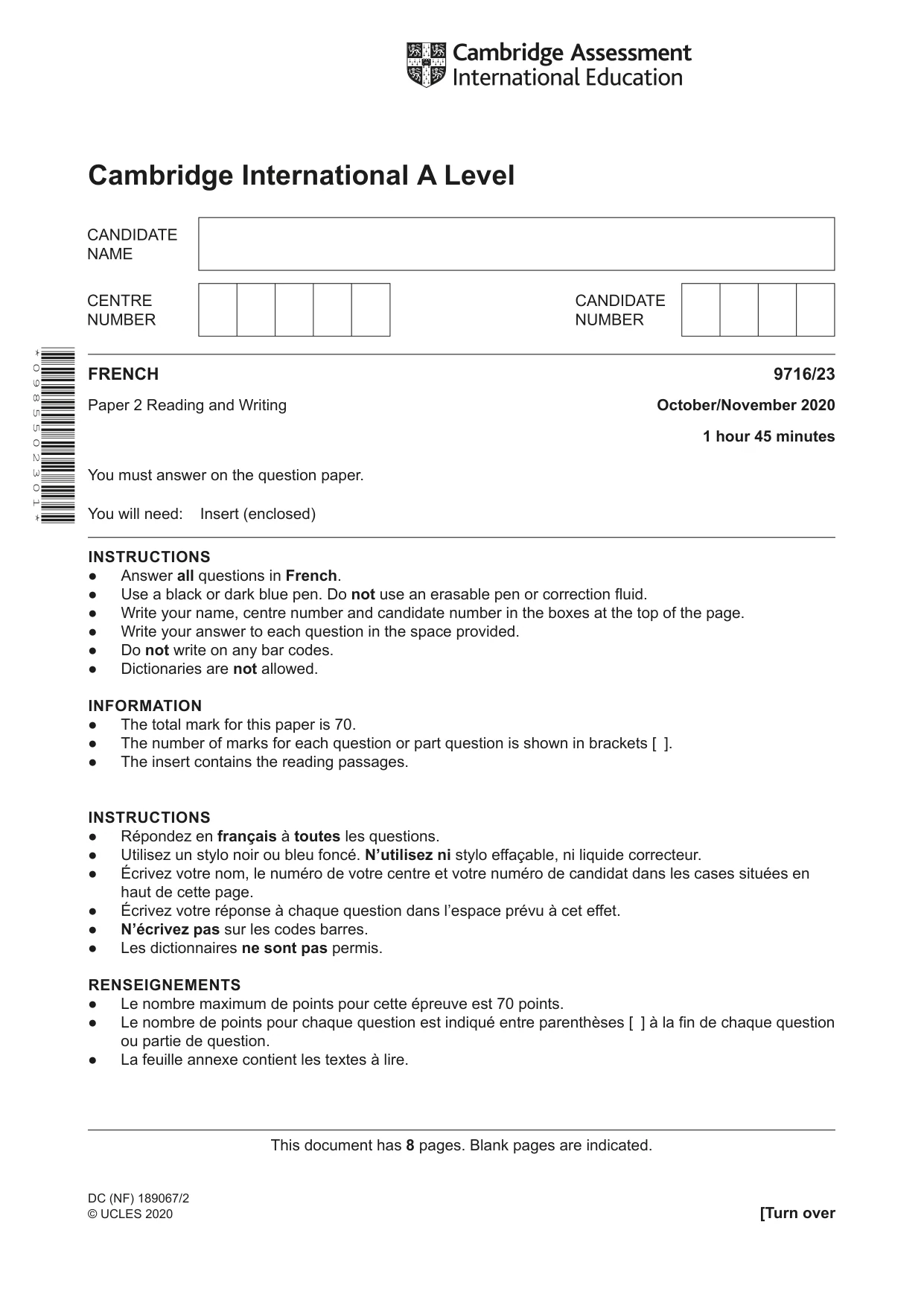Cambridge A Level French (A Level only) 9716 2020 Oct/Nov Paper 2 · Variant 3 question paper, page 1 of 8