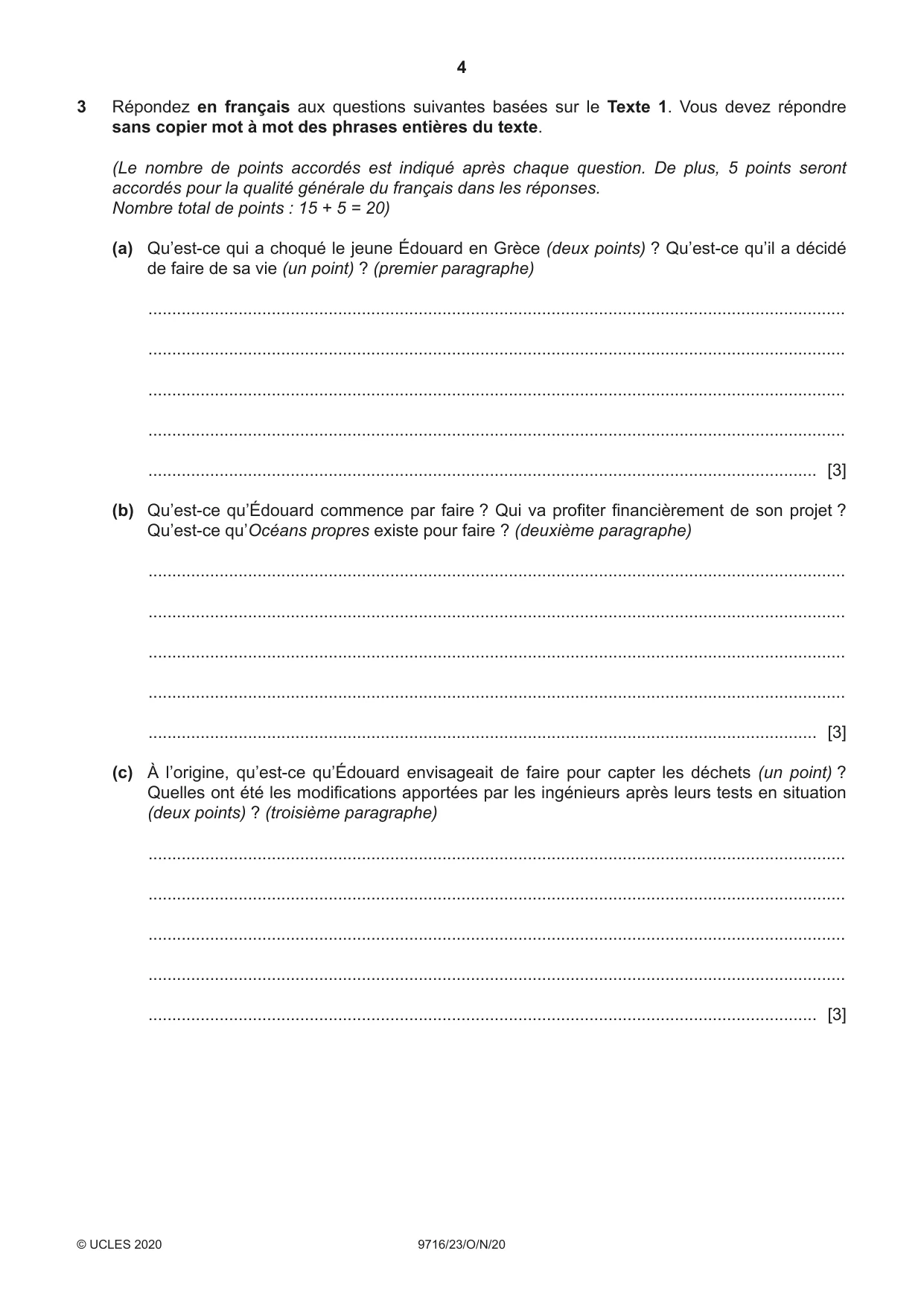 Cambridge A Level French (A Level only) 9716 2020 Oct/Nov Paper 2 · Variant 3 question paper, page 4 of 8
