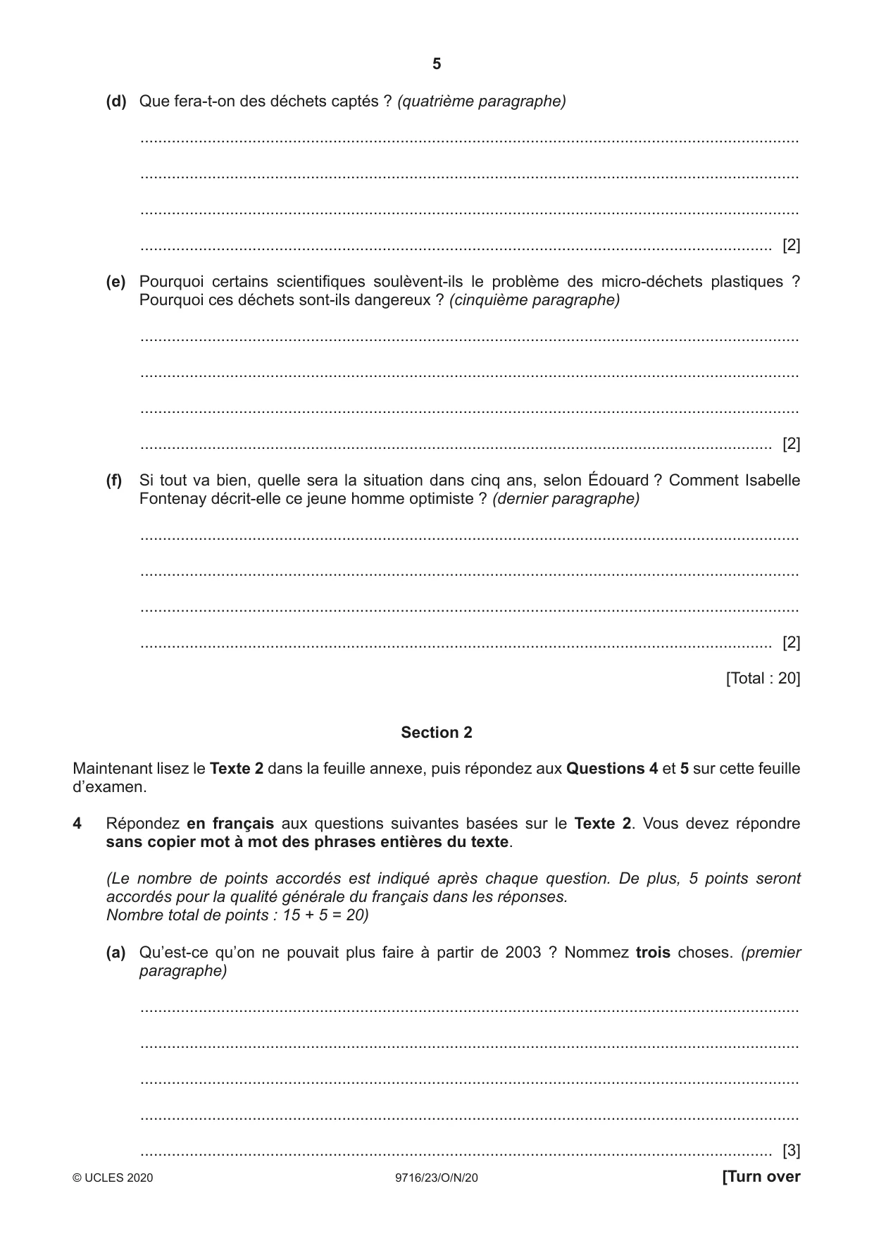 Cambridge A Level French (A Level only) 9716 2020 Oct/Nov Paper 2 · Variant 3 question paper, page 5 of 8