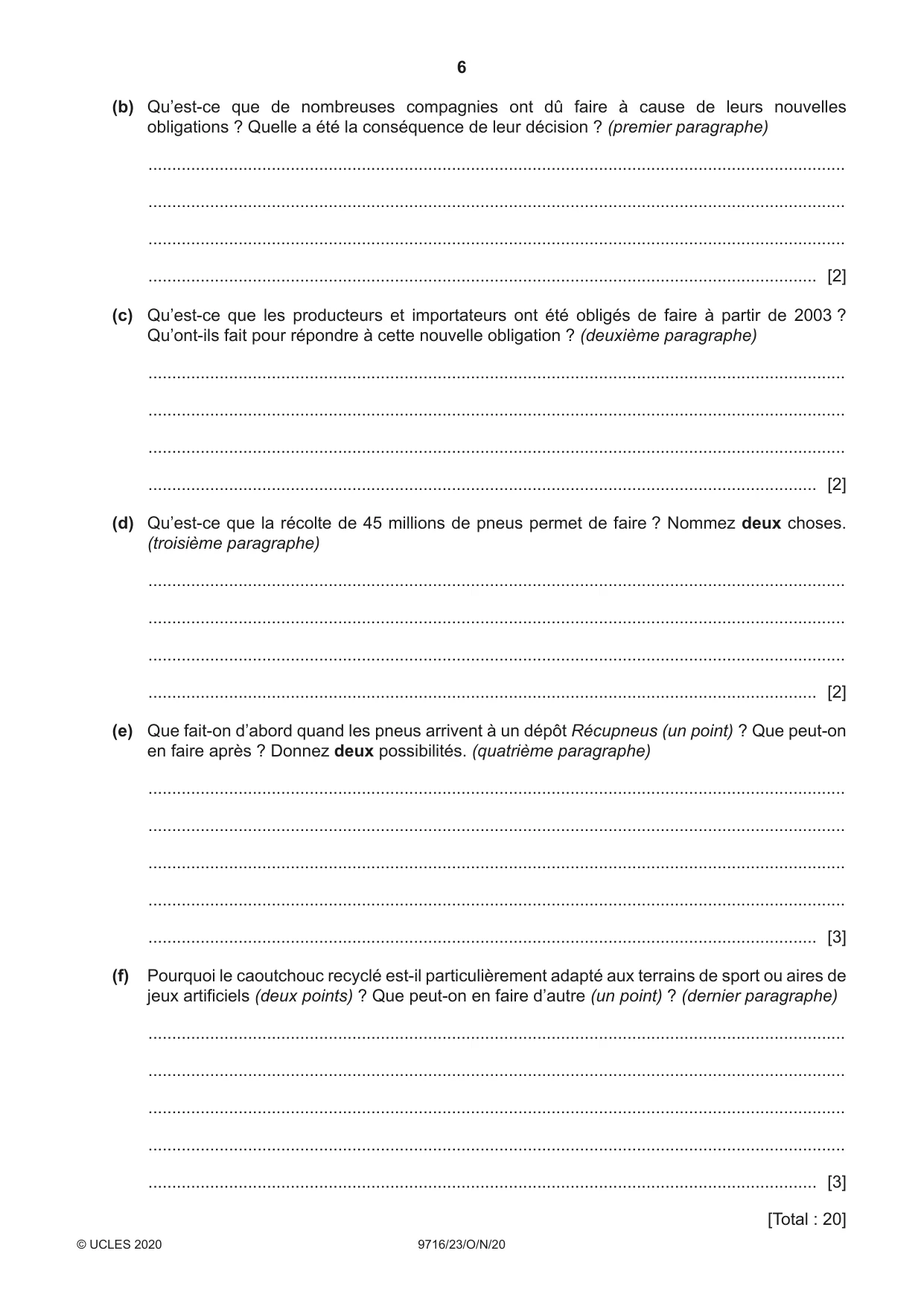 Cambridge A Level French (A Level only) 9716 2020 Oct/Nov Paper 2 · Variant 3 question paper, page 6 of 8
