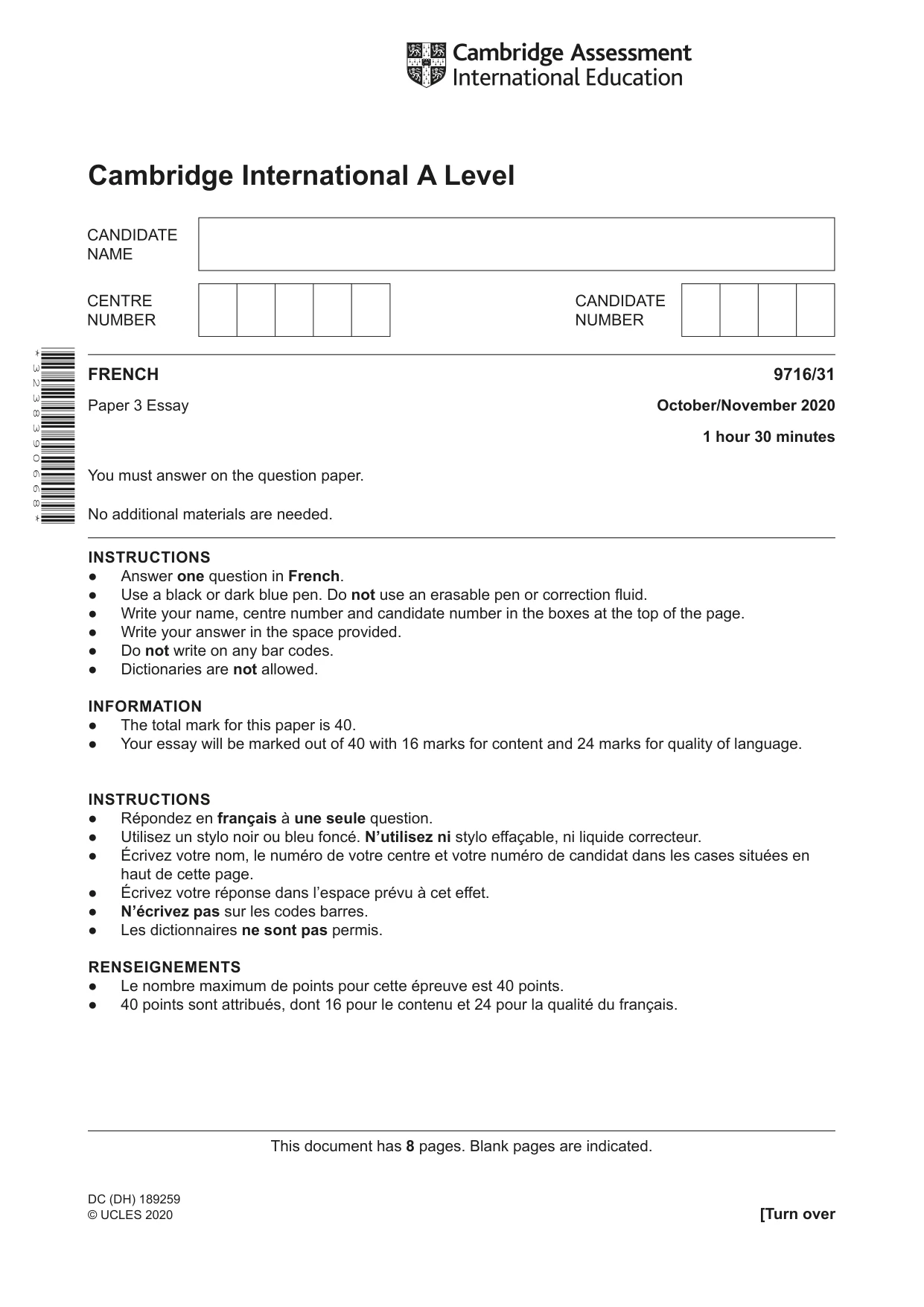 Cambridge A Level French (A Level only) 9716 2020 Oct/Nov Paper 3 · Variant 1 question paper, page 1 of 8