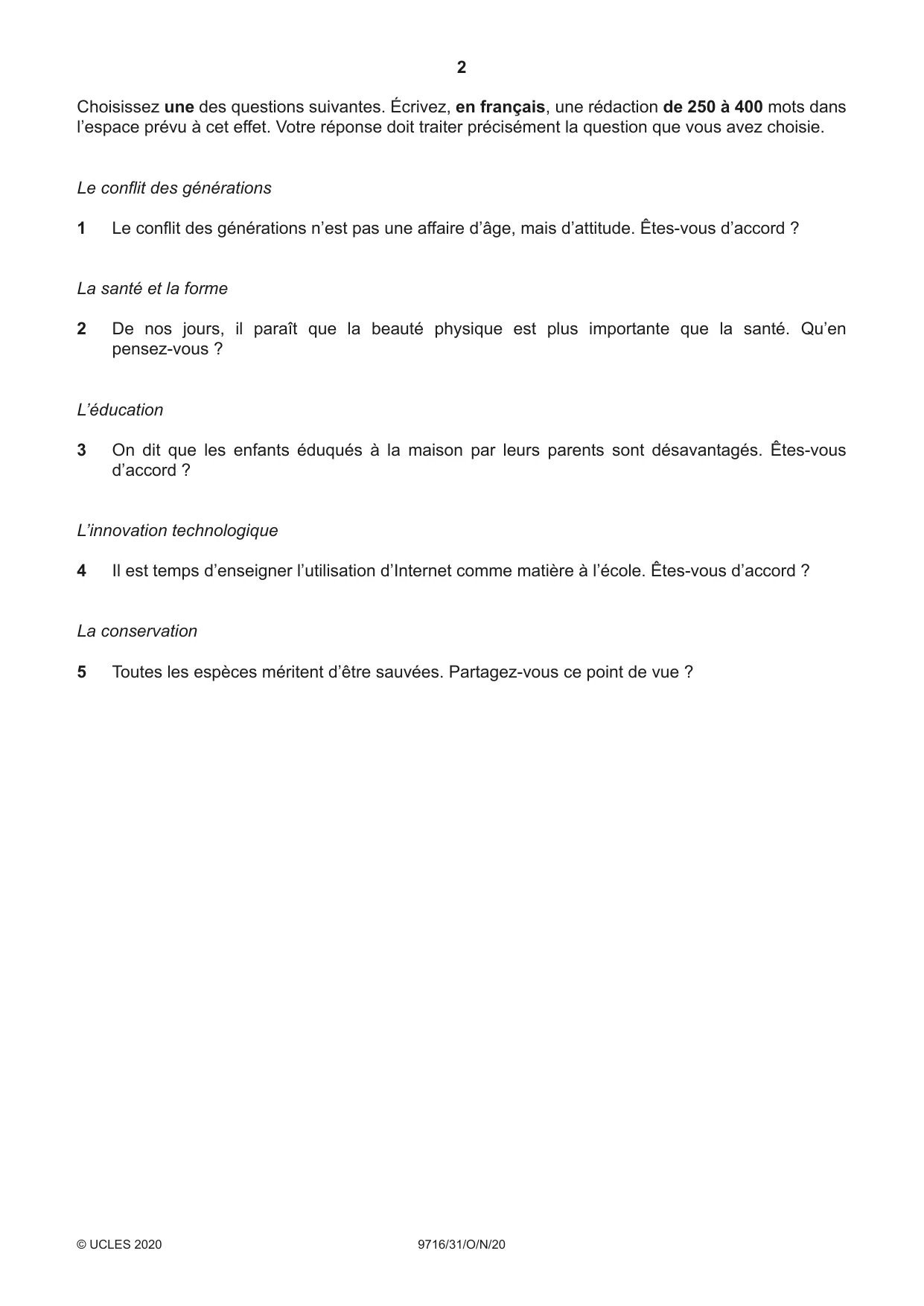 Cambridge A Level French (A Level only) 9716 2020 Oct/Nov Paper 3 · Variant 1 question paper, page 2 of 8