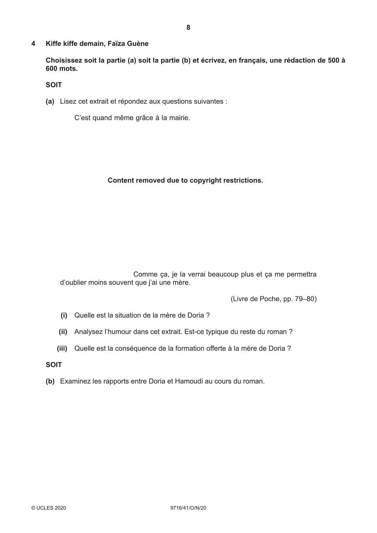 Cambridge A Level French (A Level only) 9716 2020 Oct/Nov Paper 4 · Variant 1 question paper, page 8 of 12