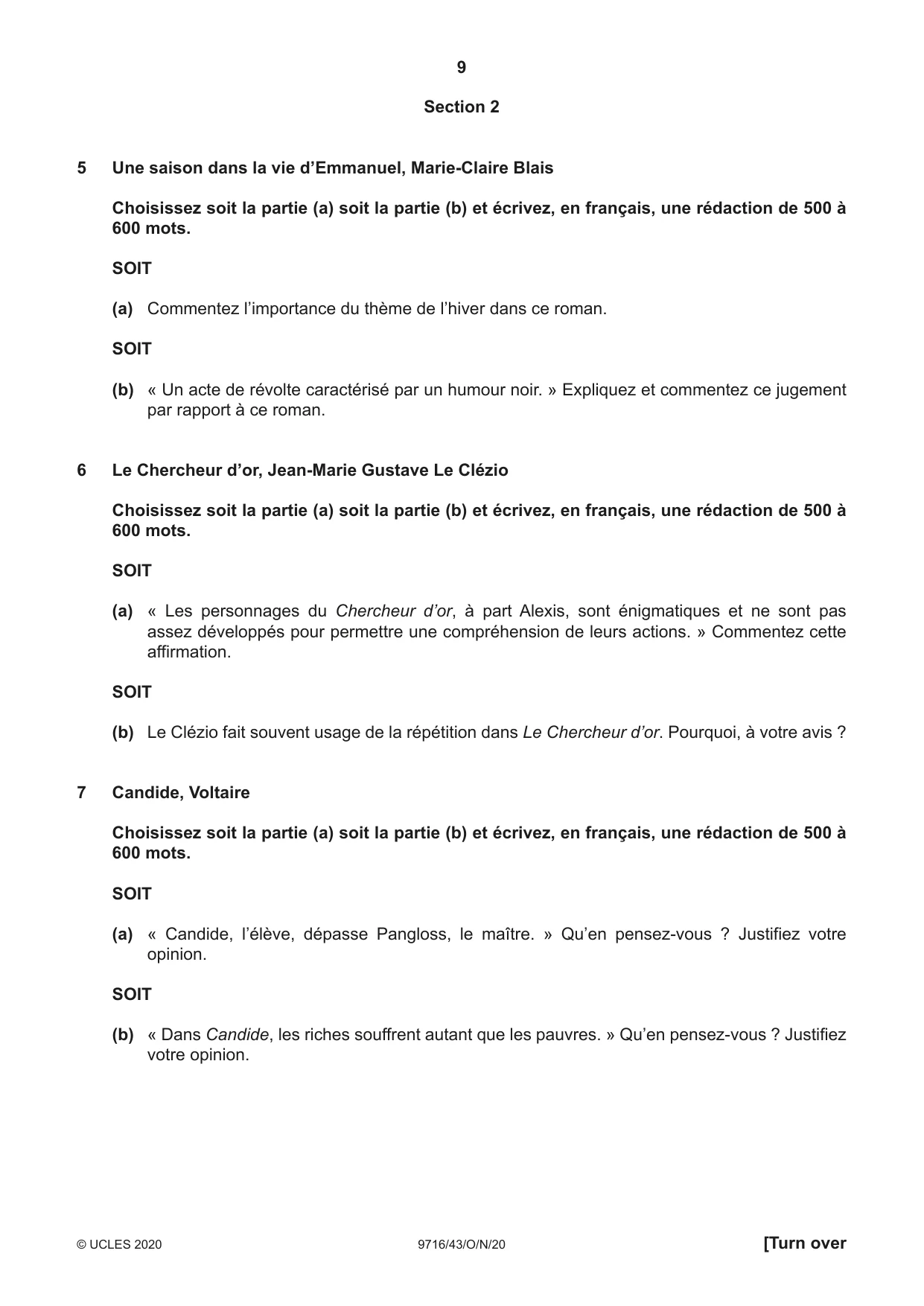 Cambridge A Level French (A Level only) 9716 2020 Oct/Nov Paper 4 · Variant 3 question paper, page 9 of 12