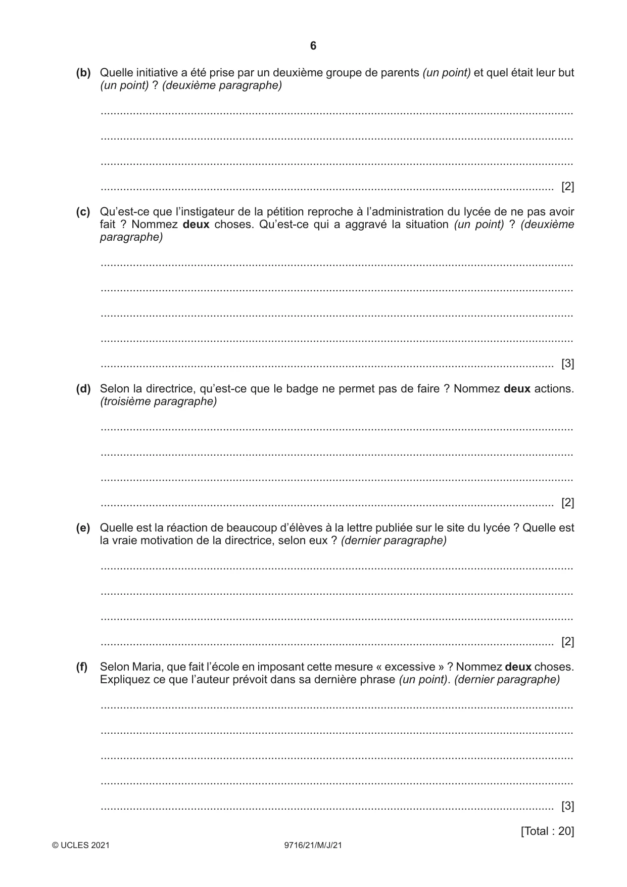 Cambridge A Level French (A Level only) 9716 2021 May/June Paper 2 · Variant 1 question paper, page 6 of 8