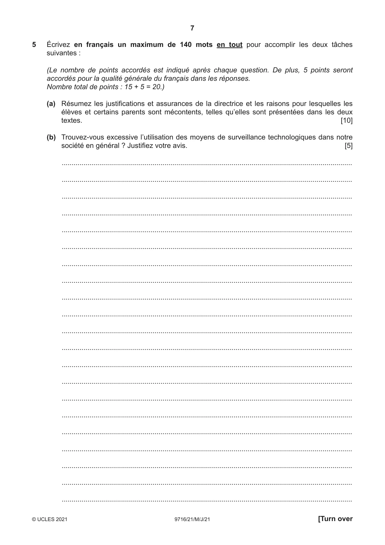 Cambridge A Level French (A Level only) 9716 2021 May/June Paper 2 · Variant 1 question paper, page 7 of 8