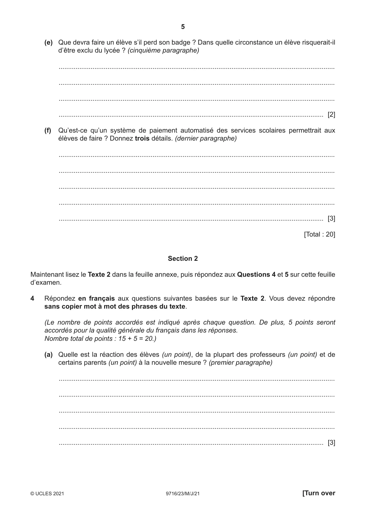 Cambridge A Level French (A Level only) 9716 2021 May/June Paper 2 · Variant 3 question paper, page 5 of 8