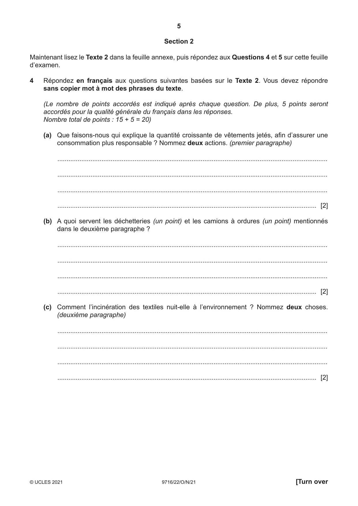 Cambridge A Level French (A Level only) 9716 2021 Oct/Nov Paper 2 · Variant 2 question paper, page 5 of 8