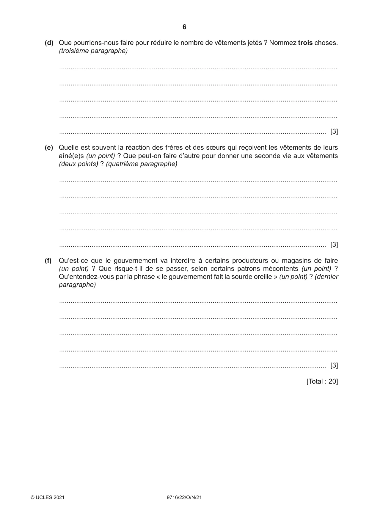 Cambridge A Level French (A Level only) 9716 2021 Oct/Nov Paper 2 · Variant 2 question paper, page 6 of 8