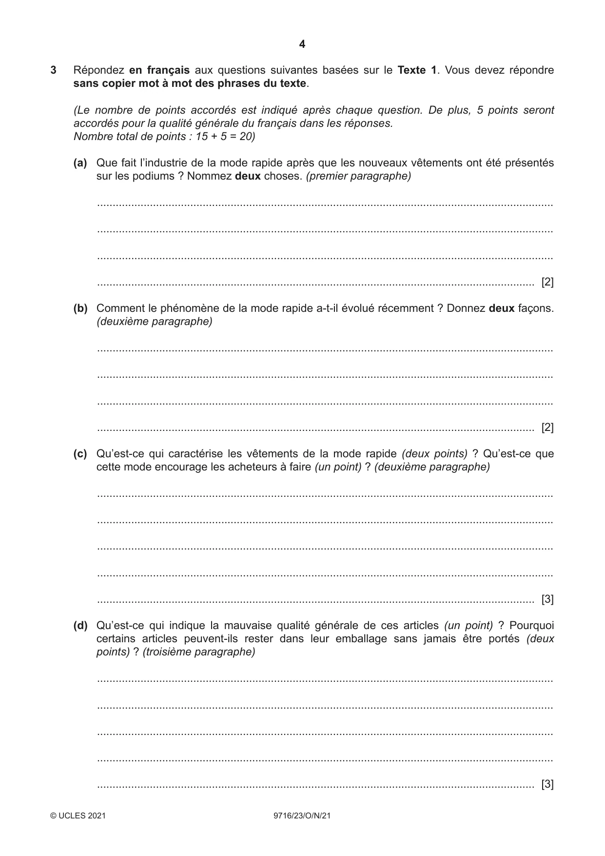 Cambridge A Level French (A Level only) 9716 2021 Oct/Nov Paper 2 · Variant 3 question paper, page 4 of 8