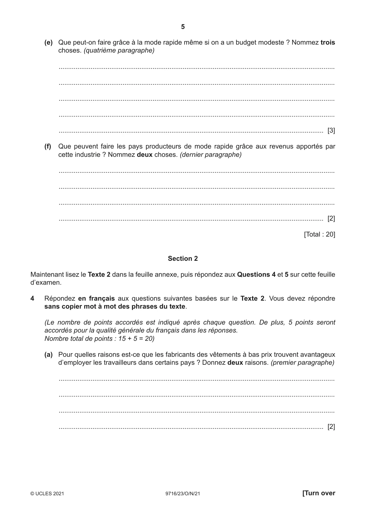 Cambridge A Level French (A Level only) 9716 2021 Oct/Nov Paper 2 · Variant 3 question paper, page 5 of 8