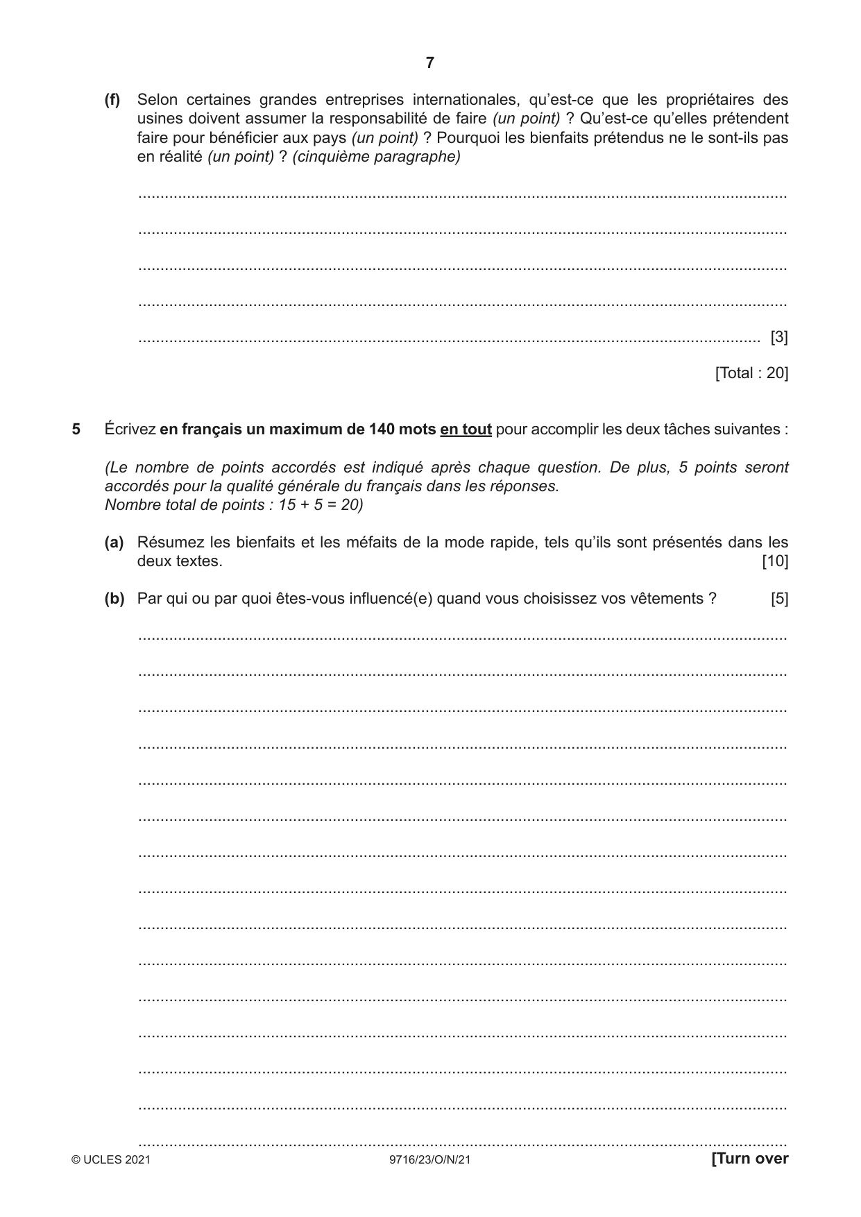 Cambridge A Level French (A Level only) 9716 2021 Oct/Nov Paper 2 · Variant 3 question paper, page 7 of 8