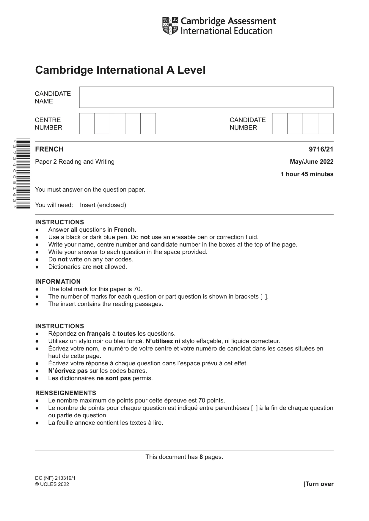 Cambridge A Level French (A Level only) 9716 2022 May/June Paper 2 · Variant 1 question paper, page 1 of 8