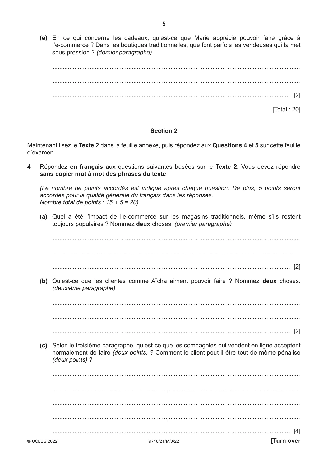Cambridge A Level French (A Level only) 9716 2022 May/June Paper 2 · Variant 1 question paper, page 5 of 8