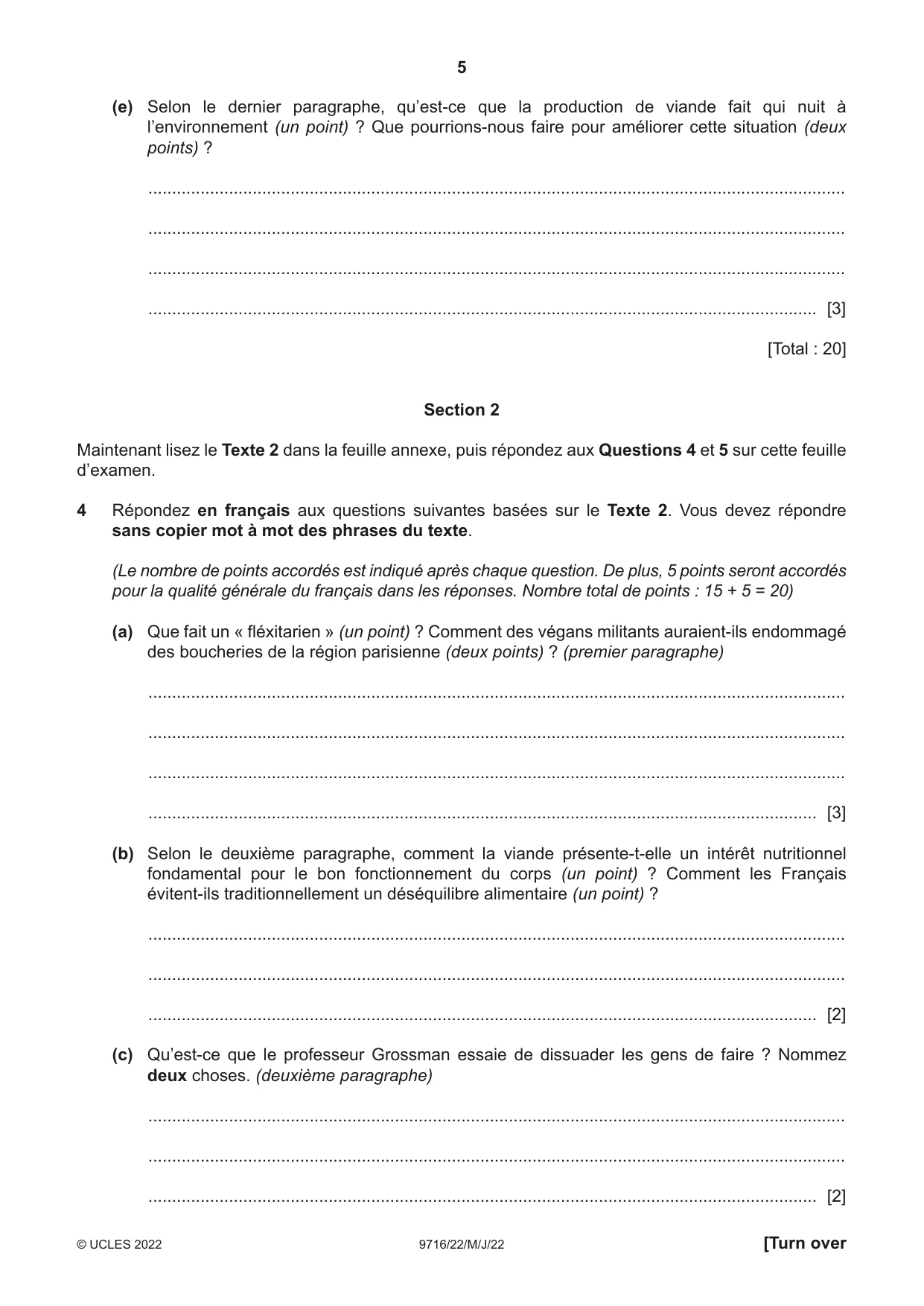 Cambridge A Level French (A Level only) 9716 2022 May/June Paper 2 · Variant 2 question paper, page 5 of 8