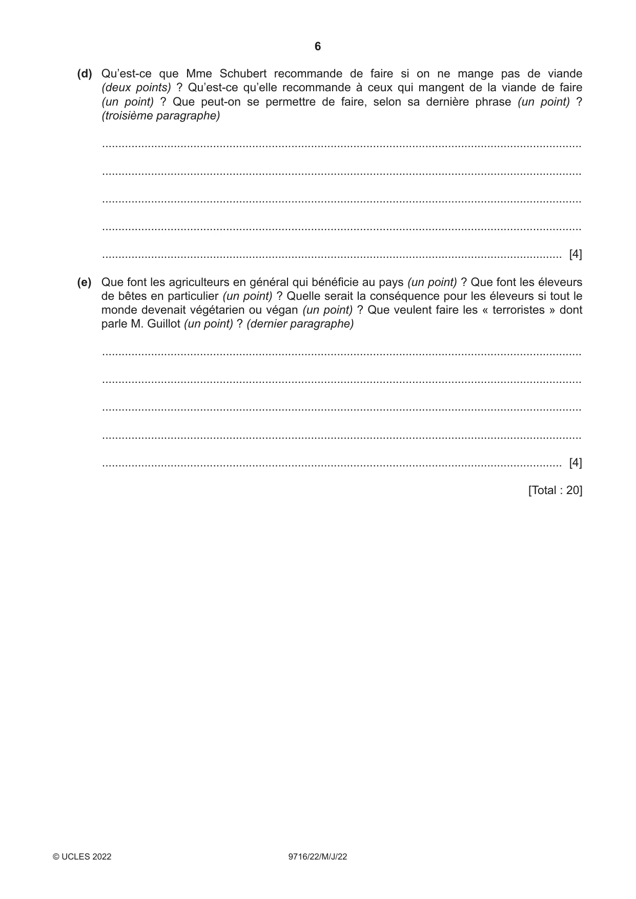 Cambridge A Level French (A Level only) 9716 2022 May/June Paper 2 · Variant 2 question paper, page 6 of 8