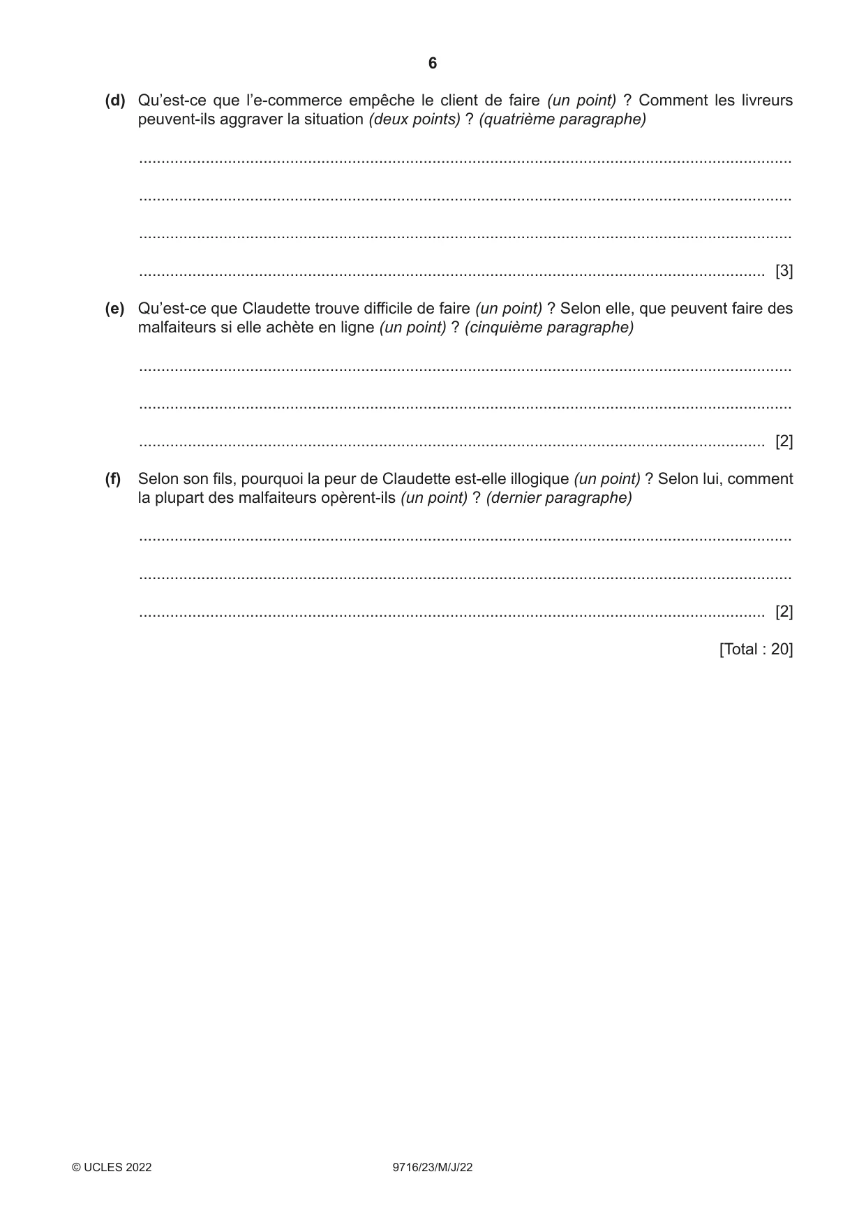 Cambridge A Level French (A Level only) 9716 2022 May/June Paper 2 · Variant 3 question paper, page 6 of 8