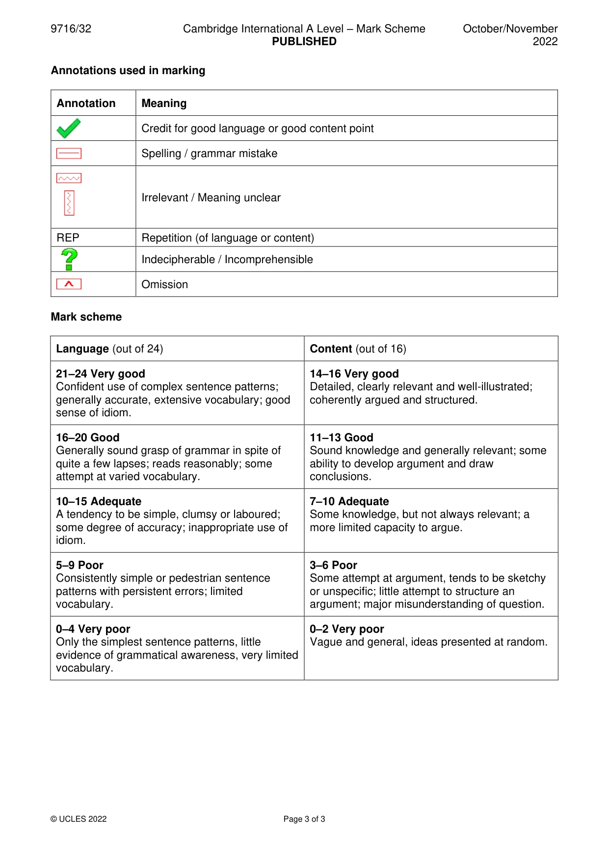 Mark scheme, page 3 of 3