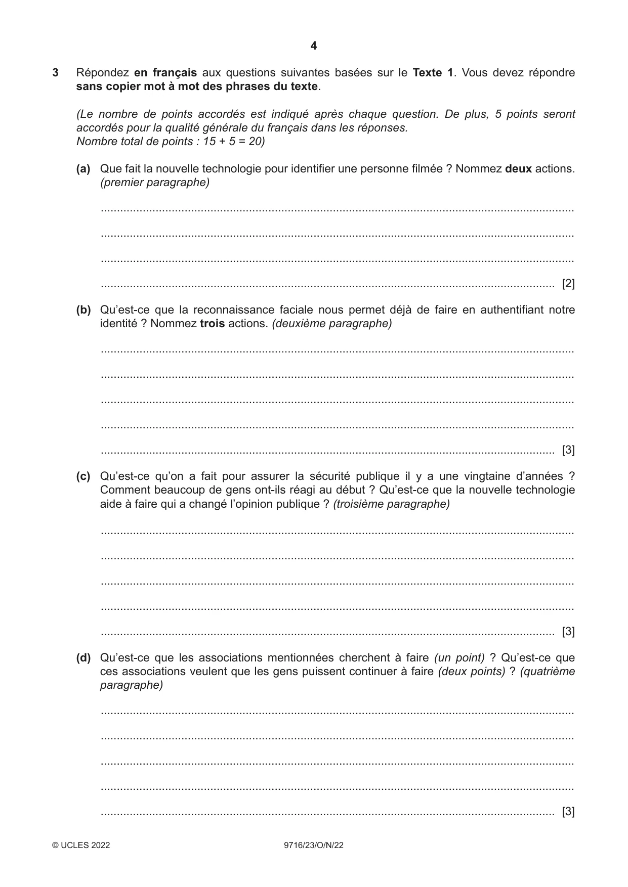Cambridge A Level French (A Level only) 9716 2022 Oct/Nov Paper 2 · Variant 3 question paper, page 4 of 8