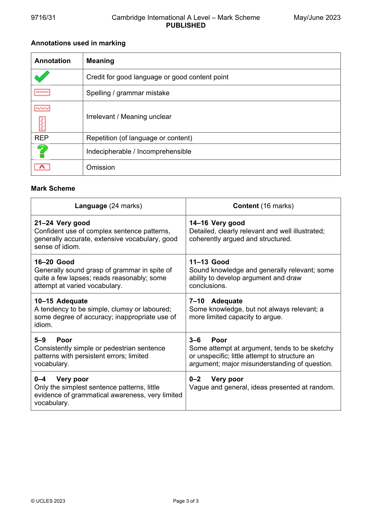 Mark scheme, page 3 of 3