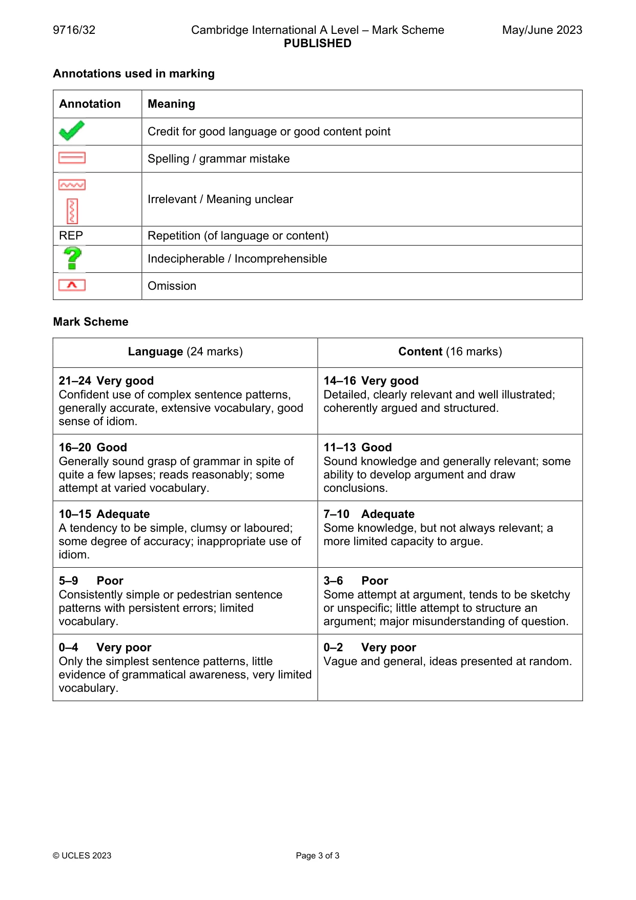 Mark scheme, page 3 of 3