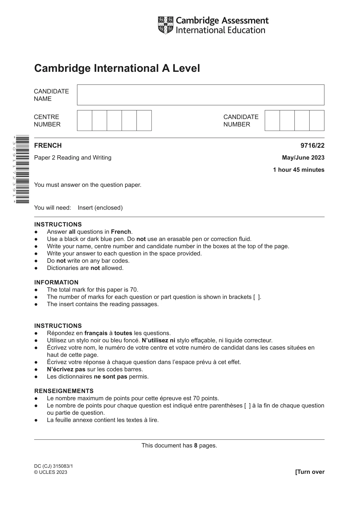 Cambridge A Level French (A Level only) 9716 2023 May/June Paper 2 · Variant 2 question paper, page 1 of 8