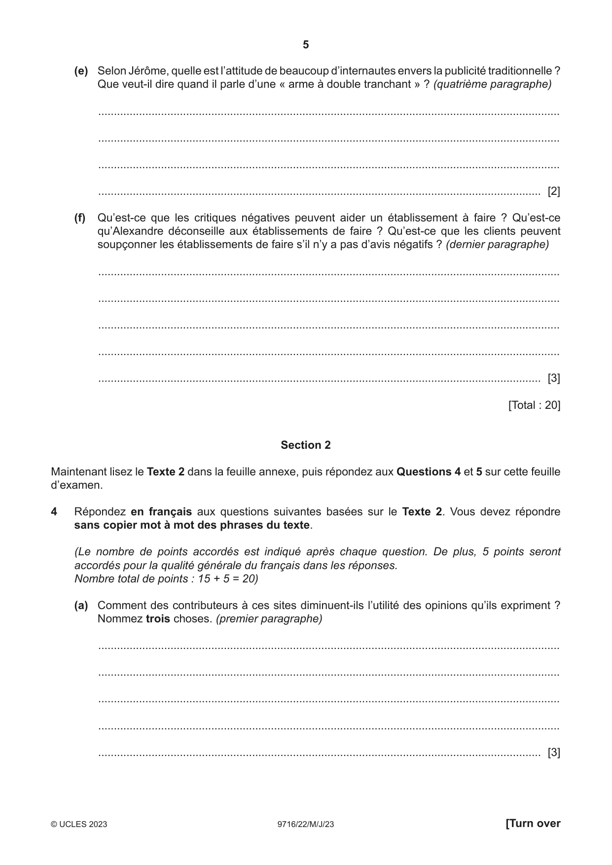 Cambridge A Level French (A Level only) 9716 2023 May/June Paper 2 · Variant 2 question paper, page 5 of 8