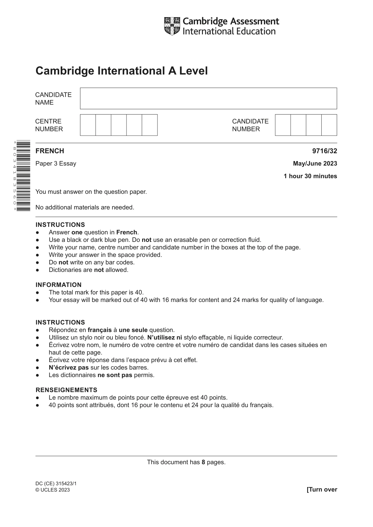 Cambridge A Level French (A Level only) 9716 2023 May/June Paper 3 · Variant 2 question paper, page 1 of 8