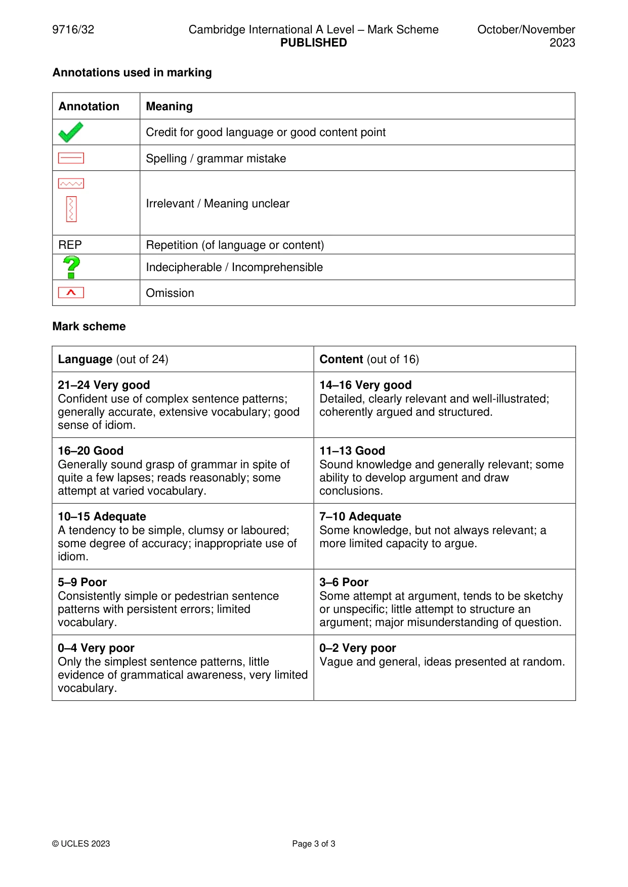 Mark scheme, page 3 of 3