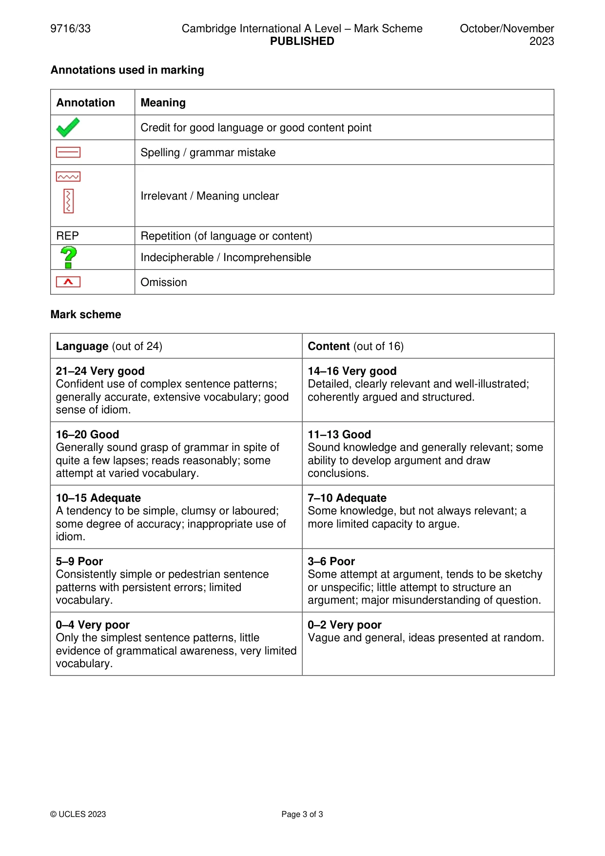 Mark scheme, page 3 of 3
