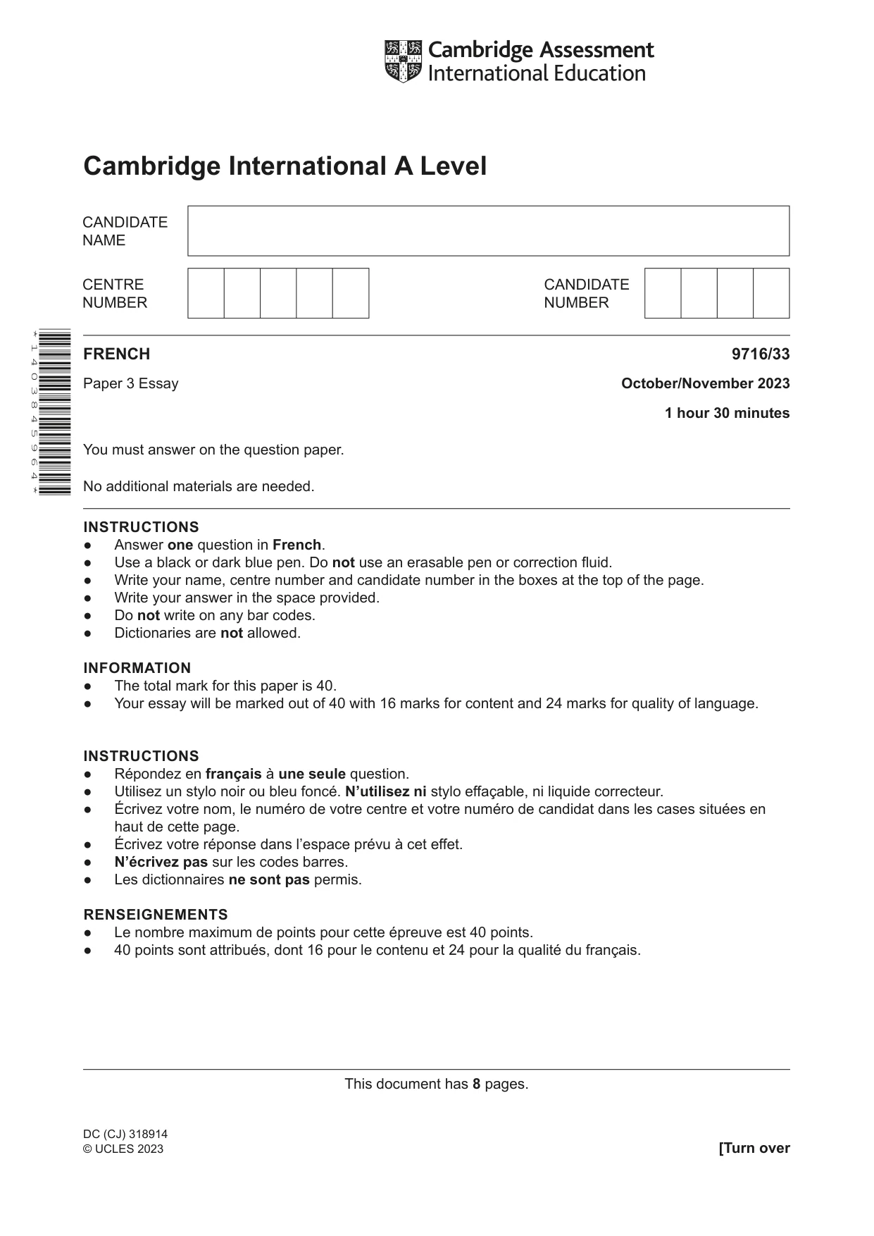 Cambridge A Level French (A Level only) 9716 2023 Oct/Nov Paper 3 · Variant 3 question paper, page 1 of 8