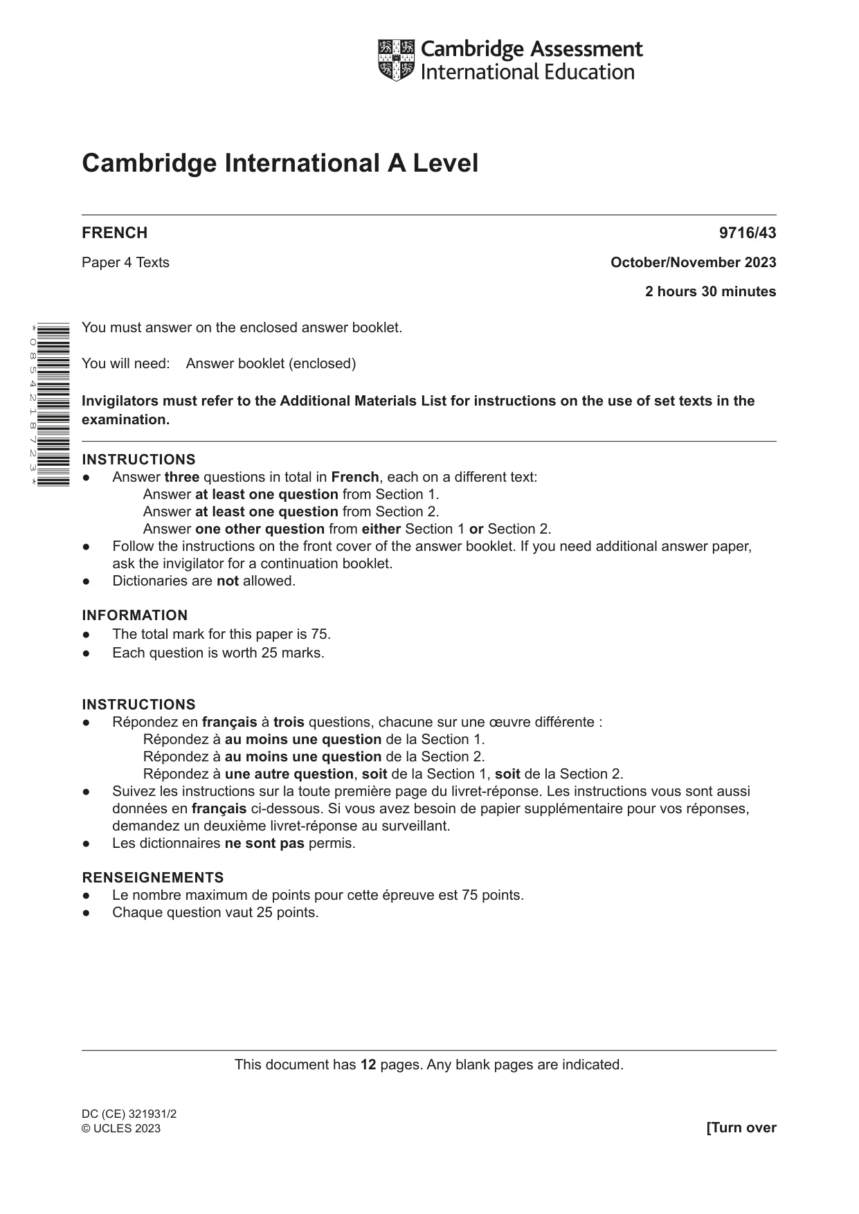 Cambridge A Level French (A Level only) 9716 2023 Oct/Nov Paper 4 · Variant 3 question paper, page 1 of 12