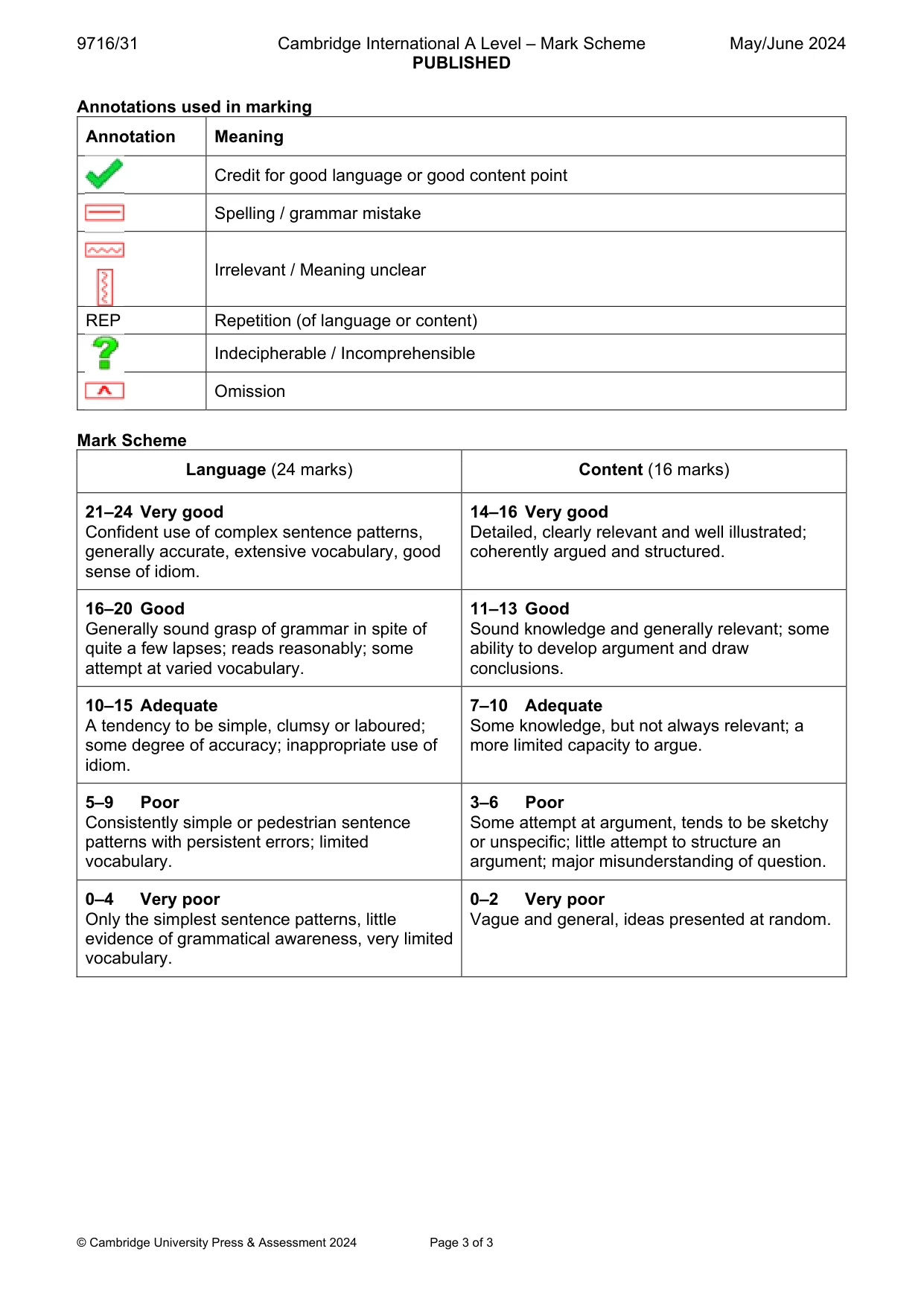Mark scheme, page 3 of 3