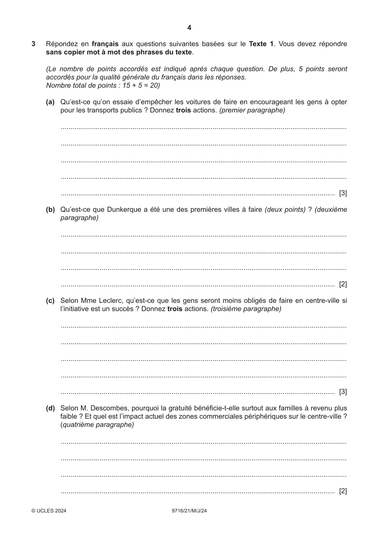 Cambridge A Level French (A Level only) 9716 2024 May/June Paper 2 · Variant 1 question paper, page 4 of 8