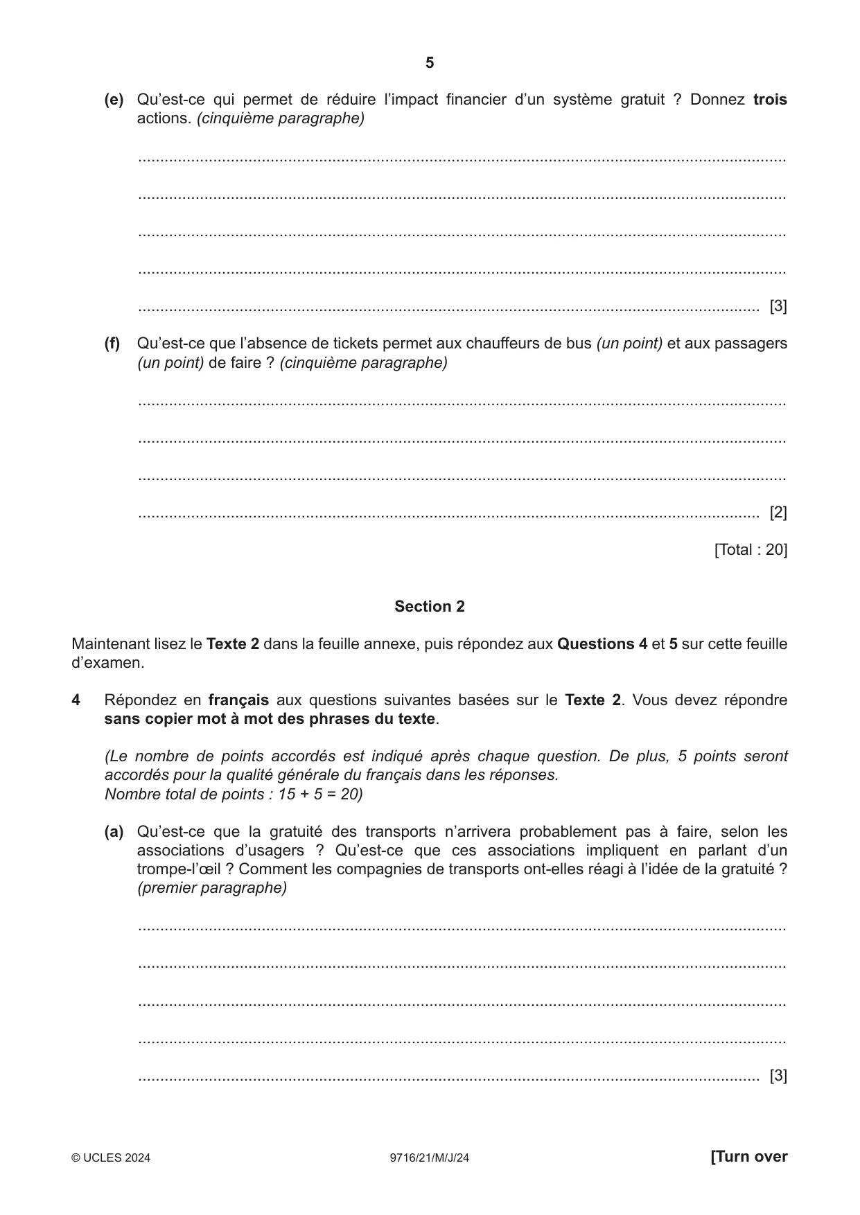 Cambridge A Level French (A Level only) 9716 2024 May/June Paper 2 · Variant 1 question paper, page 5 of 8